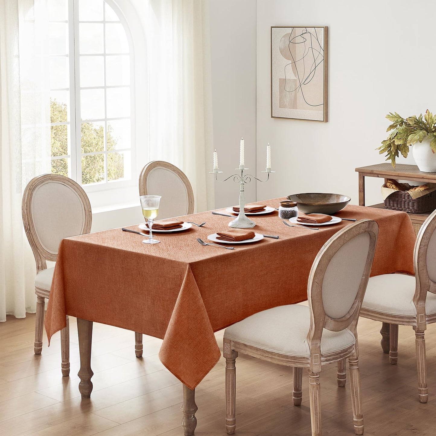 Softalker Fall Linen Textured Rectangle Tablecloth, Thanksgiving Waterproof Farmhouse Burlap Table Cloth, Stain Resistant Table Covers for Kitchen Dining Holiday Party (60 x 104, Burnt Orange)