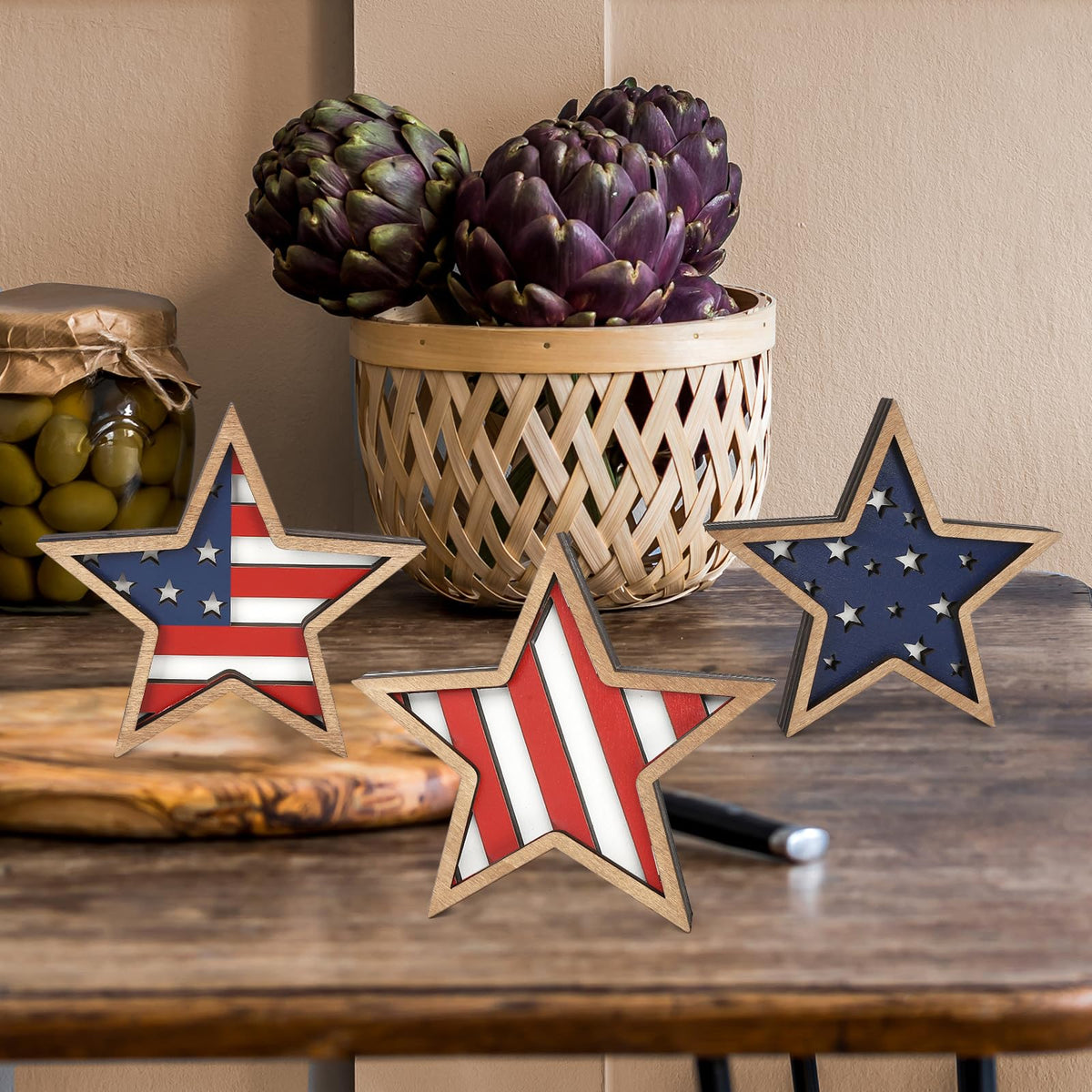 COCHIE 4th of July Decorations Wooden Stars, Patriotic Memorial Day Star Tiered Tray Decor Set of 3, Fourth of July Red White Blue Decoration for Home Office Table Shelf (Flag Hollow)