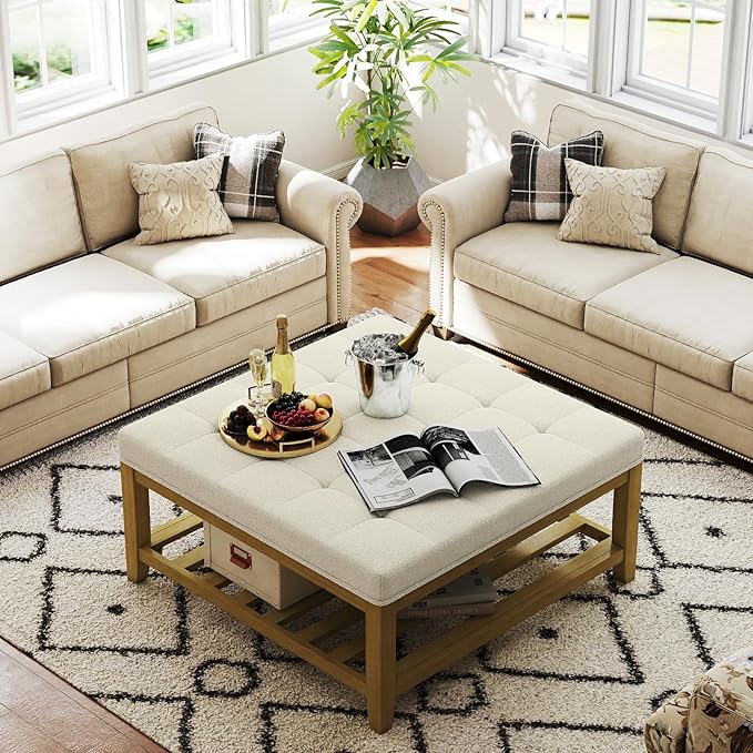 Befurtori Large Square Ottoman Coffee Table, Linen Solid Upholstered Footrest