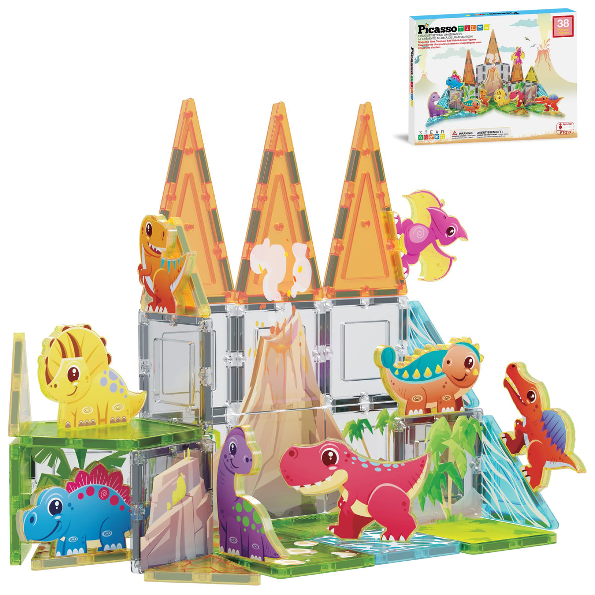 PicassoTiles Magnet Tiles Building Blocks Dinosaur Theme Set with 8 Magnetized Action Figures Magnetic Construction Build and Play Toy with Magnets STEM Learning Activities for Toddlers 3+ PTQ13