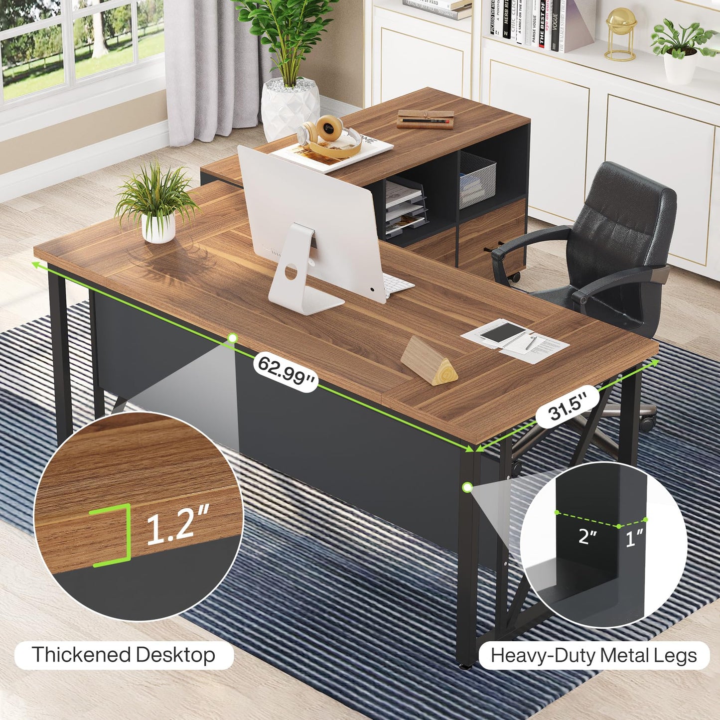 Tribesigns 63 inches Executive Desk and 47" lateral File Cabinet, L-Shaped Computer Desk Home Office Business Furniture with Drawers and Storage Shelves, Office Table,Brown and Black