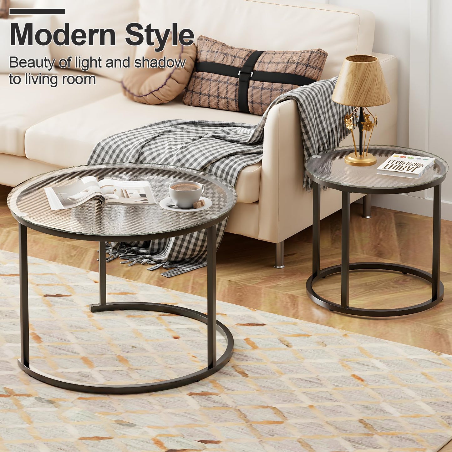 aboxoo Gold Nesting Coffee Table Set of 2, Small Glass Round Nesting Tables for Living Room Bedroom, Accent Tea Table with Black Metal Frame Modern Industrial Simple