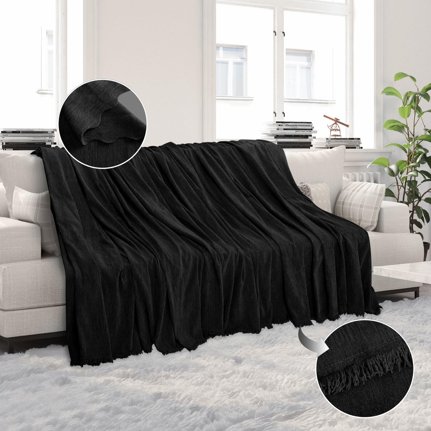 HDCAXKJ Corner Sectional Couch Covers for Dogs L Shape Sofa Cover with Tassel Chenille Soft Non Slip U Shaped Couch Cover Blanket Washable Sectional Slipcover Protector (Charcoal Black, 91x276 inch)
