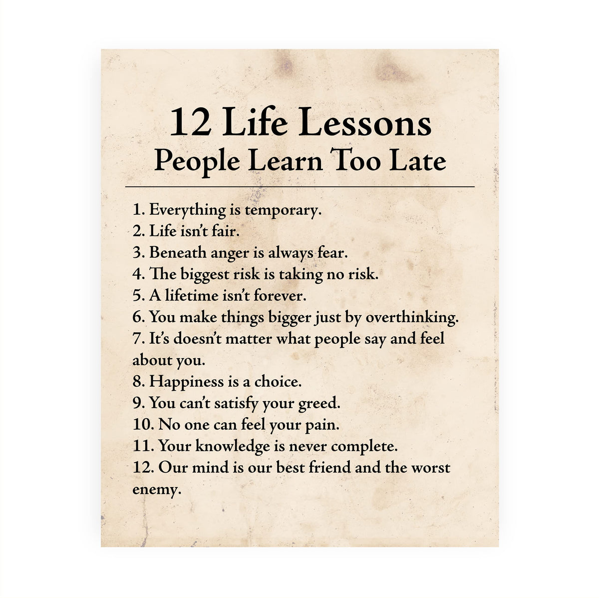 AMERICAN LUXURY GIFTS 12 Life Lessons - Inspirational Typography Wall Art - Motivational Decor for Office, Classroom & Home - 8x10 Unframed Print