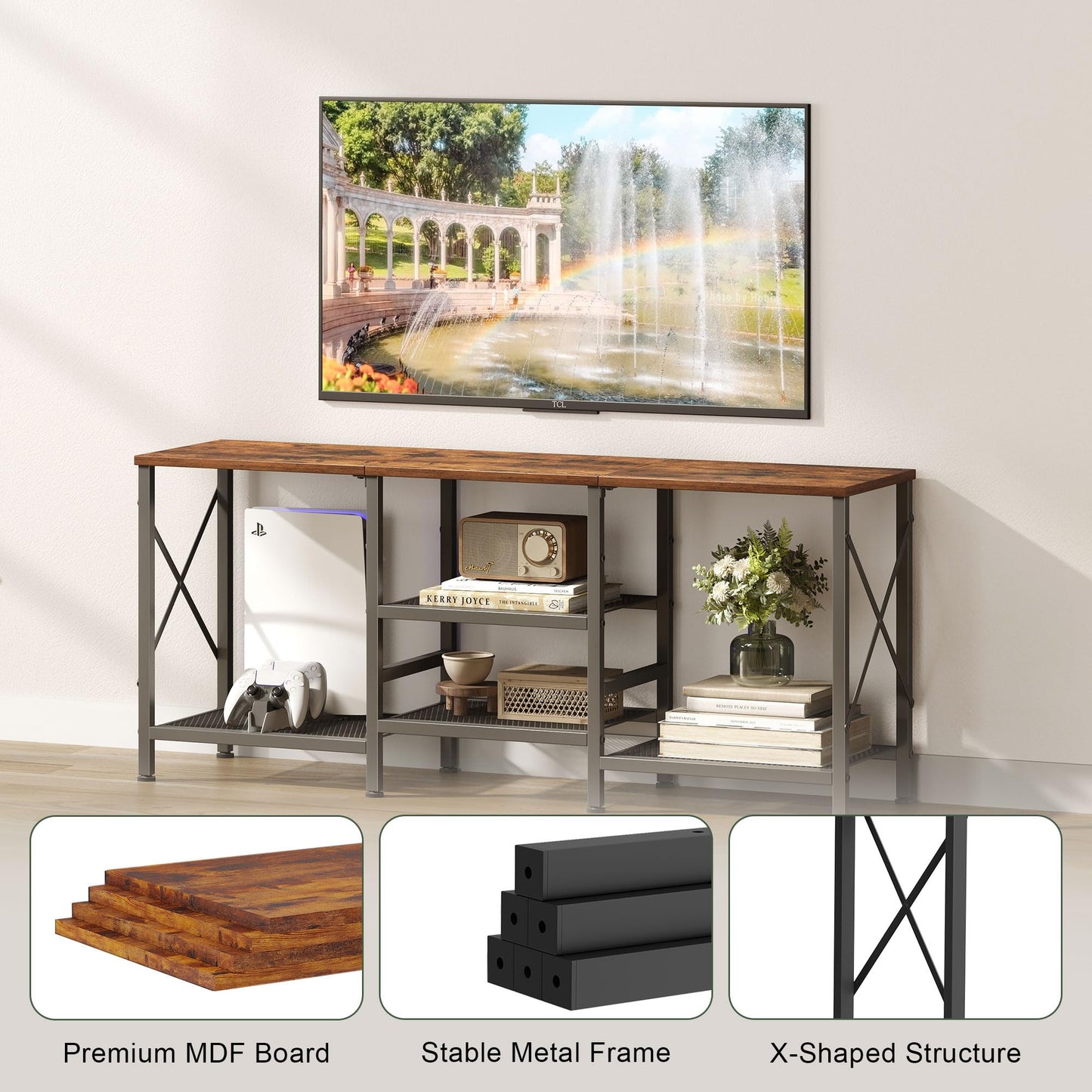 JARHETUN TV Stand for 55 Inch TV, Entertainment Center with 3-Tier Open Shelves, TV Console Table for Living Room, Bedroom, Rustic Brown