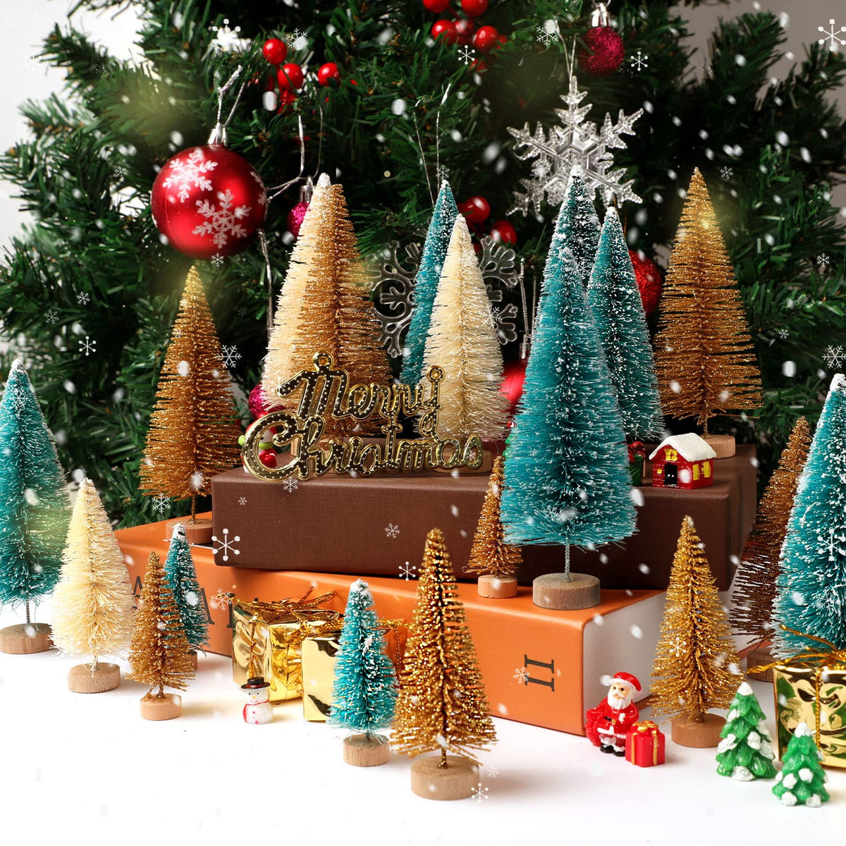 30Pcs Mini Christmas Trees, Artificial Christmas Tree Bottle Brush Trees Christmas with 5 Sizes, Sisal Snow Trees with Wooden Base for Christmas Decor Christmas Party Home Table Craft