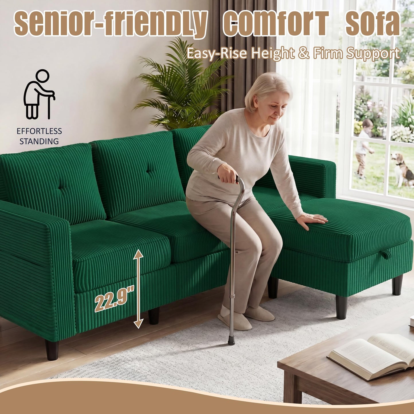 Convertible Sectional Sofa with Storage Ottoman, 77” L-Shaped 3-Seat Couch with Skin-Friendly Corduroy Fabric, Reversible Small Sectional for Small Space, Apartment, Living Room and Office(Green)