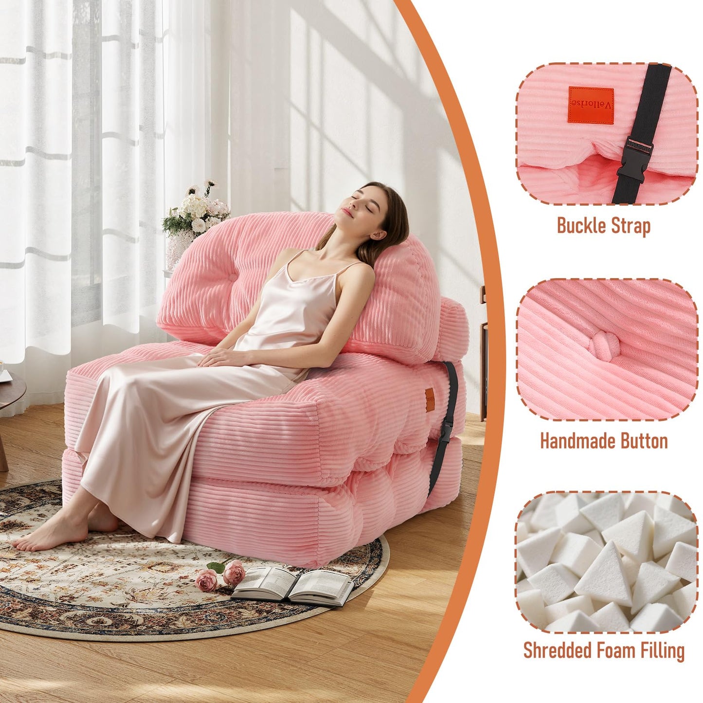 Vellorise Folding Sofa Bed, Convertible Sleeper Chair with Back Support and Pillow Futon,Boneless Foldable Couch for Living Room/Guest Use/Home Office, Foldable Chair Bed for Adults, Pink