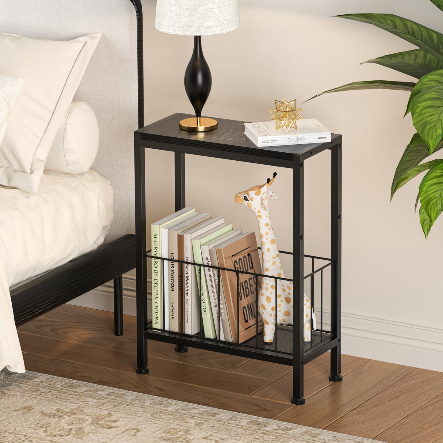 Lifenite Narrow Side Table, Skinny End Tables with Magazine Holder, Small Sofa Table for Small Spaces, Space-Saving Design, Slim Nightstand Bedside Table for Living Room, Bedroom, Office, Black
