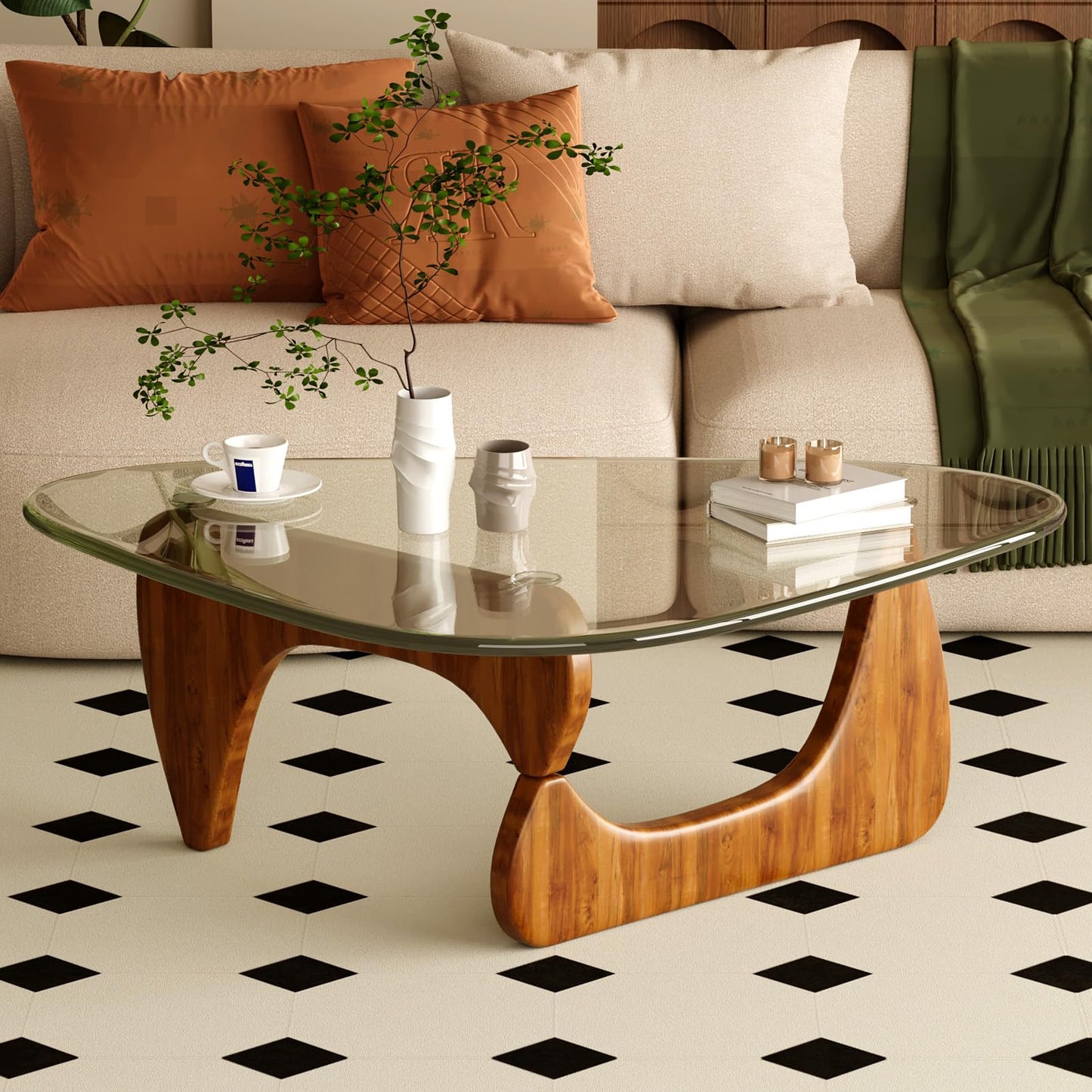 JCAJCA Coffee Table for Living Room Mid Century Modern Center Table with Glass Top and Wood,36 Inch, Transparent/Walnut