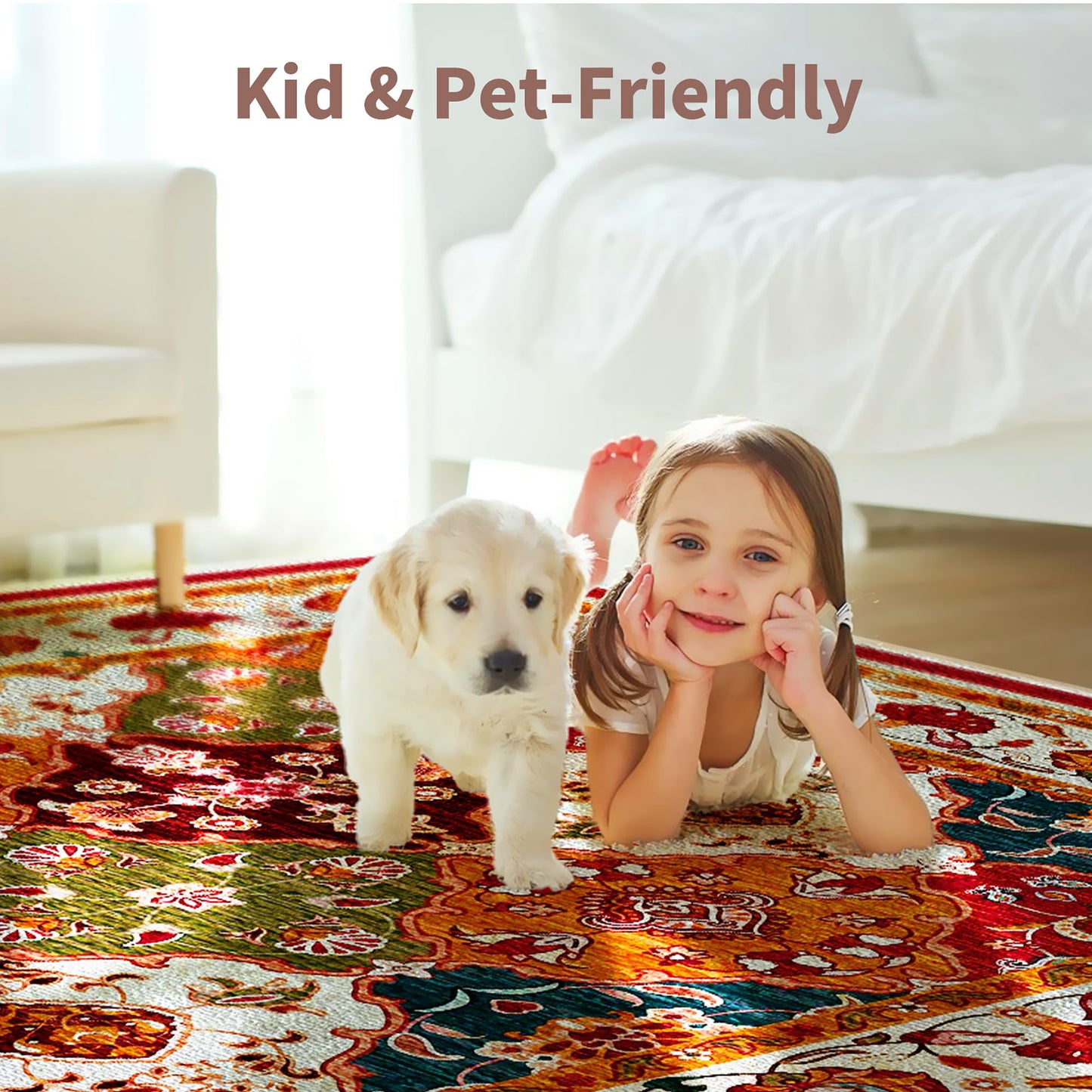 UKELER Nursery Rugs 5x7, Machine Washable Foldable Boho Floral Area Rugs, Non Slip Durable Low Profile Accent Rug for Kids Playroom Bedroom Living Room Dinning Room Dorm Office Hotel Farmhouse, Beige