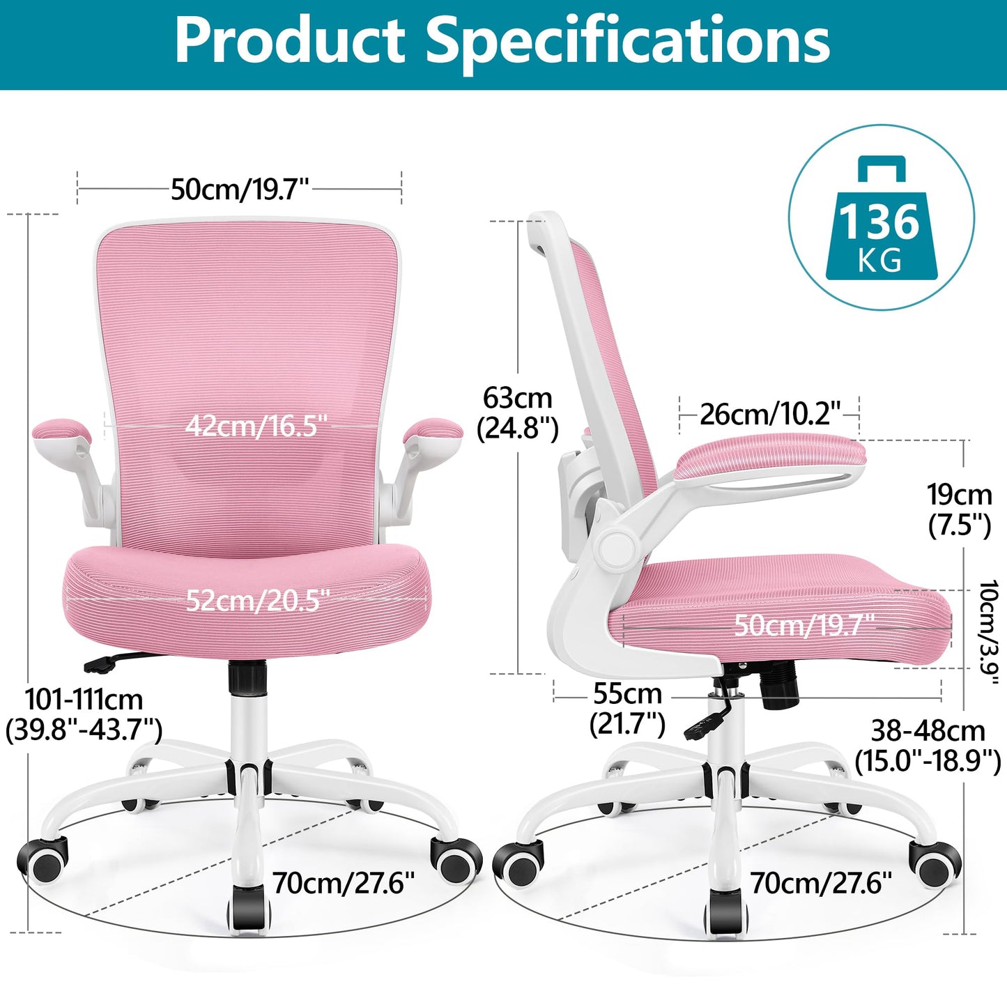 FelixKing Office Chair, Ergonomic Desk Chair Breathable Mesh Chairs Adjustable High Back Lumbar Support Flip-up Armrests, Executive Rolling Swivel Comfy Computer Chairs Home Office Pink