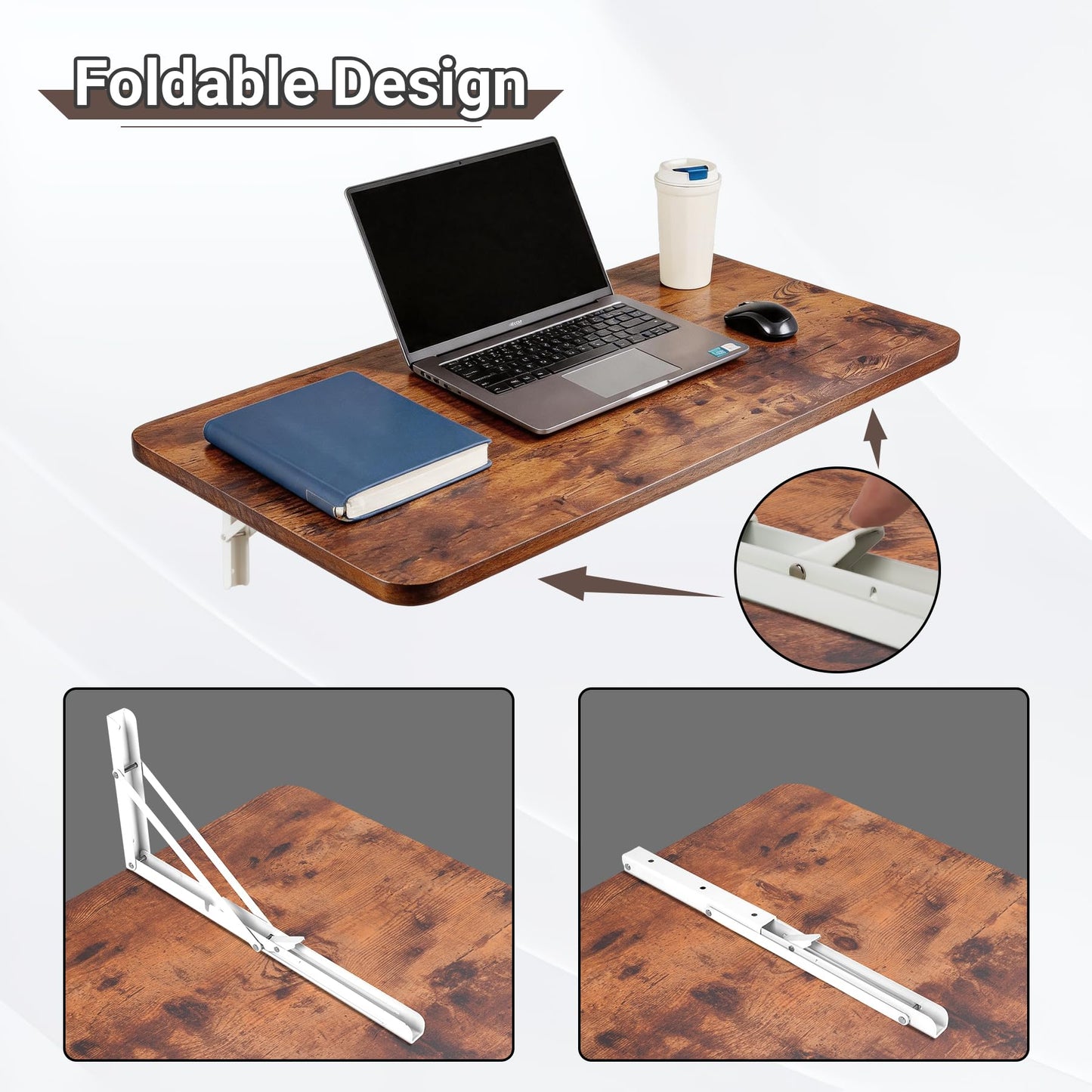 Neoaider Wall Mounted Folding Table 31.5”L x 15.7”W, Laundry Folding Table with Heavy Duty Metal Collapsible Shelf Brackets, Wall Mounted Desk Fold Down for Small Spaces, Brown