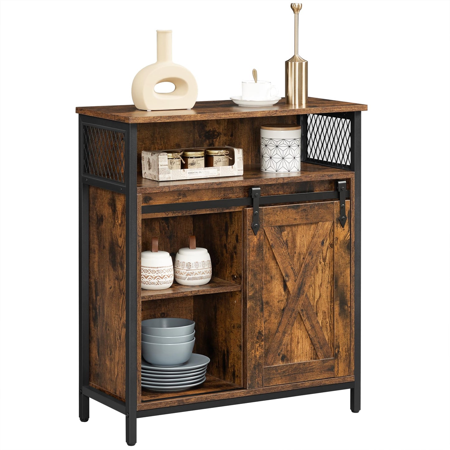 VASAGLE Buffet Cabinet, Coffee Bar Storage Cabinet, Sideboard with 1 Sliding Barn Door, Adjustable Shelves, 11.8 x 27.6 x 31.5 Inches, for Living Room, Rustic Brown and Ink Black ULSC089B01