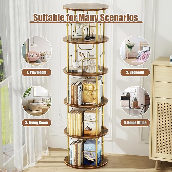 ALLSTAND 5 Tier Rotating Bookshelf, 360 ° Display Stackable Spinning Bookshelf