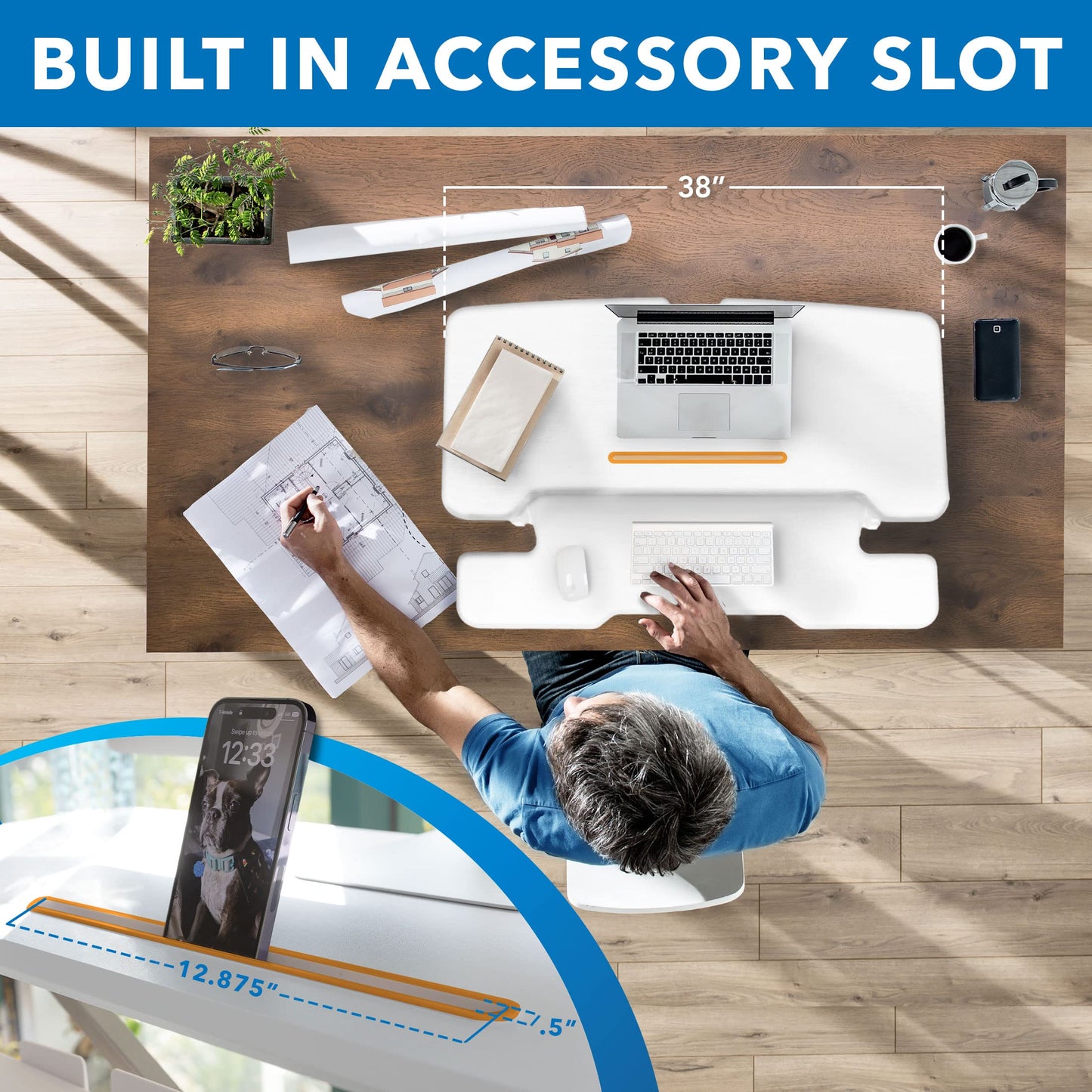 Mount-It! Standing Desk Converter White 38” Wide Height Adjustable Stand Up Desk Riser, Desk Topper with Gas Spring, Desktop Standing Desk with Keyboard Tray Fits Two Monitors
