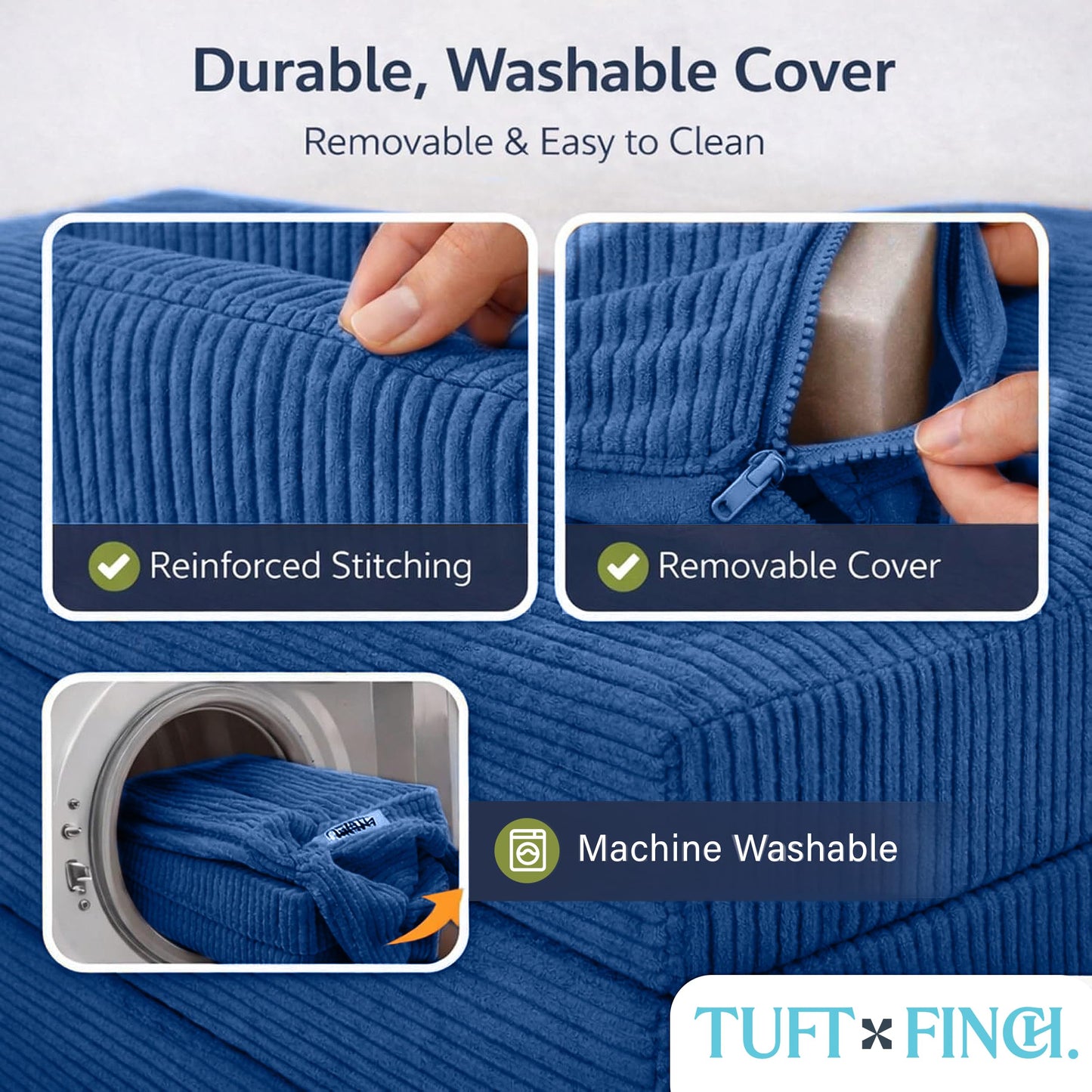 TUFT & FINCH Bali Blue Boneless Couch Sofa Bed - 82" Modular Corduroy Convertible Sleeper Sofa for Living Room – 3 Seater Folding Couch Bed, Pet-Friendly Removable Washable Covers - CertiPUR-US Foam