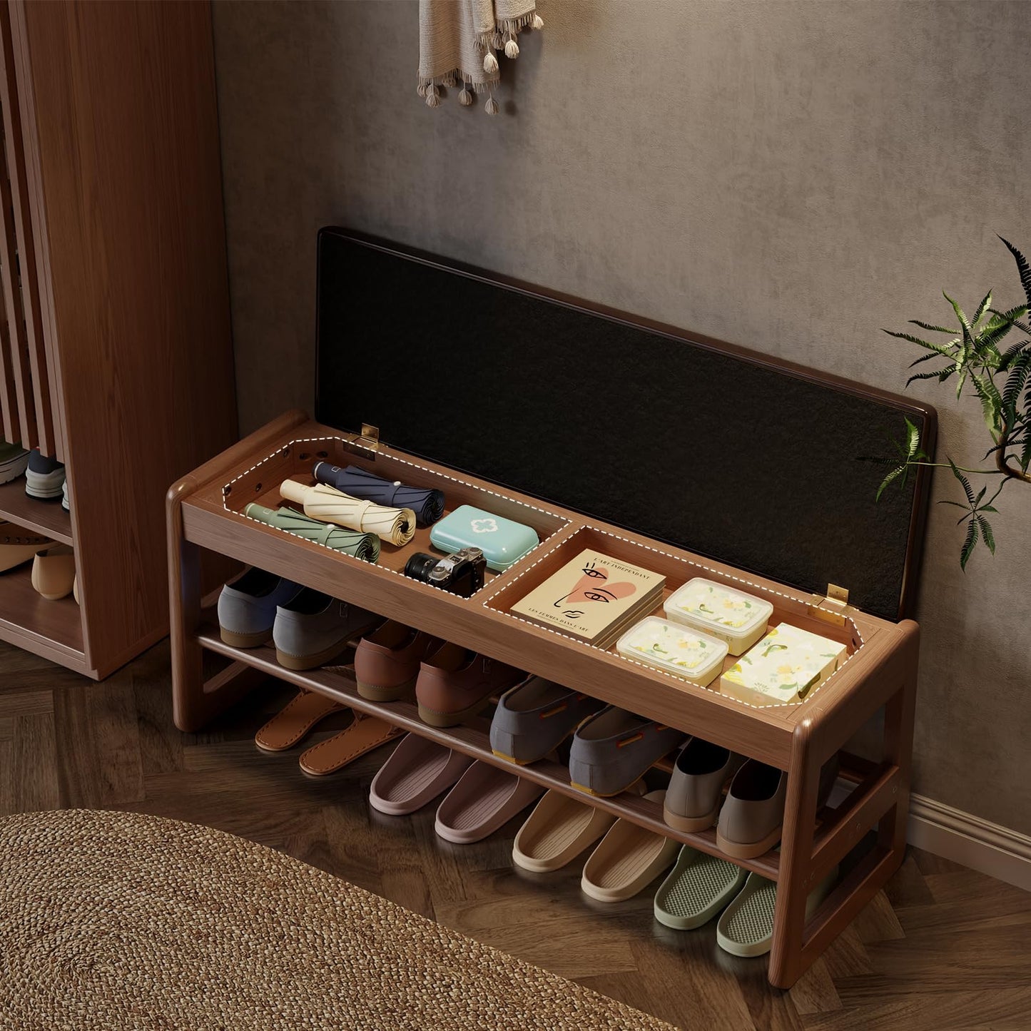 AQIMUELE Shoe Rack Bench,2 Tiers Shoe Bench with Storage with Flip-Top,Wood Shoe Rack for Entryway,Hallway（Dark Walnut Upholstered Seat,11.8" D x 39.3" W x 15.7" H）