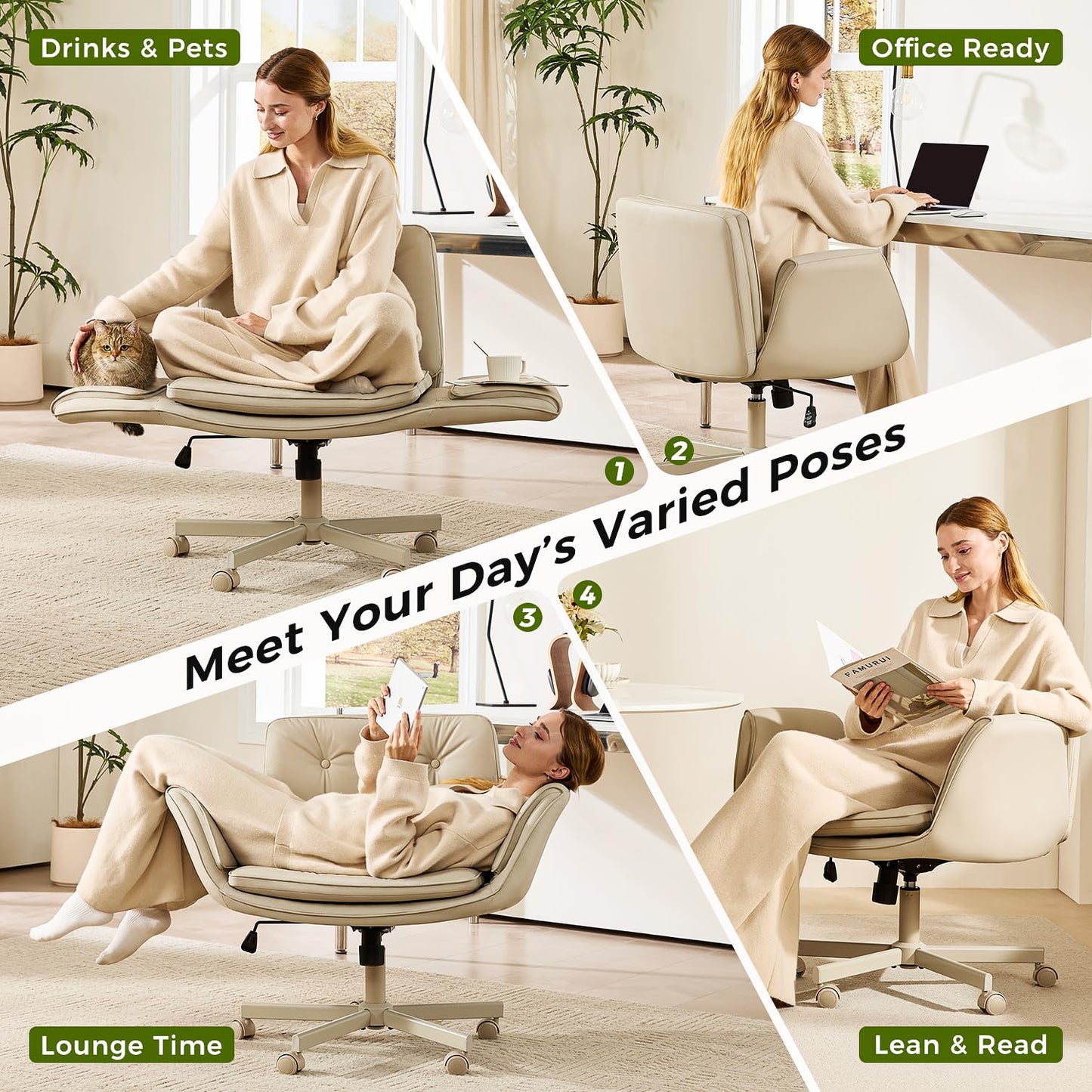 amseatec Criss Cross Chair with Armrests & Wheels, PU Leather Vanity Chair, Comfortable Adjustable Swivel Computer Office Desk Chairs for Home, Make Up, Bed Room (Cream White)