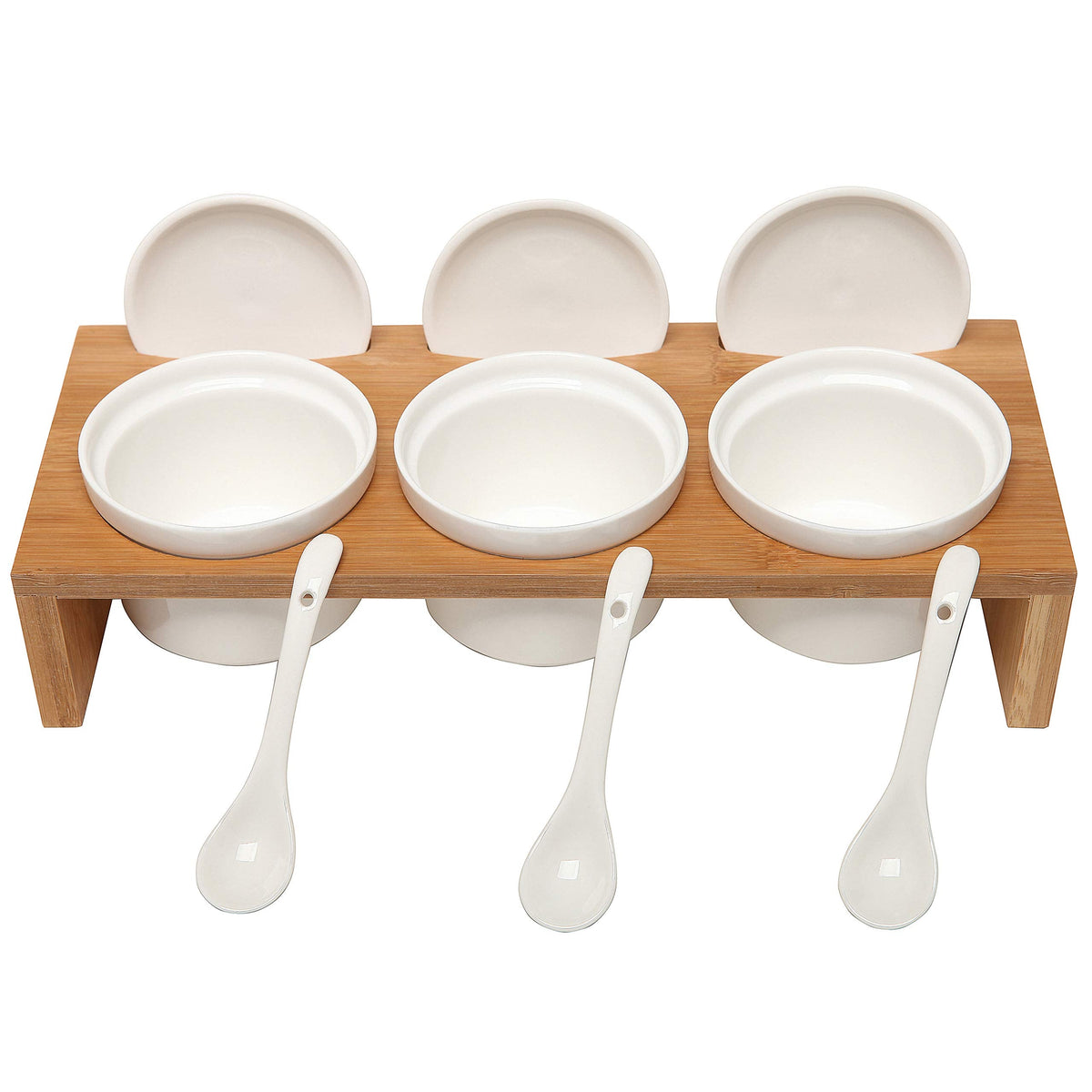 MyGift 10 Pcs Sauce Serving Dish, Hosting Party Essentials Host Gift, 3 Ceramic Ramekin Chip Dip Bowls with Lids & Spoons, Premium Bamboo Server Tray, Condiment Pot Entertaining