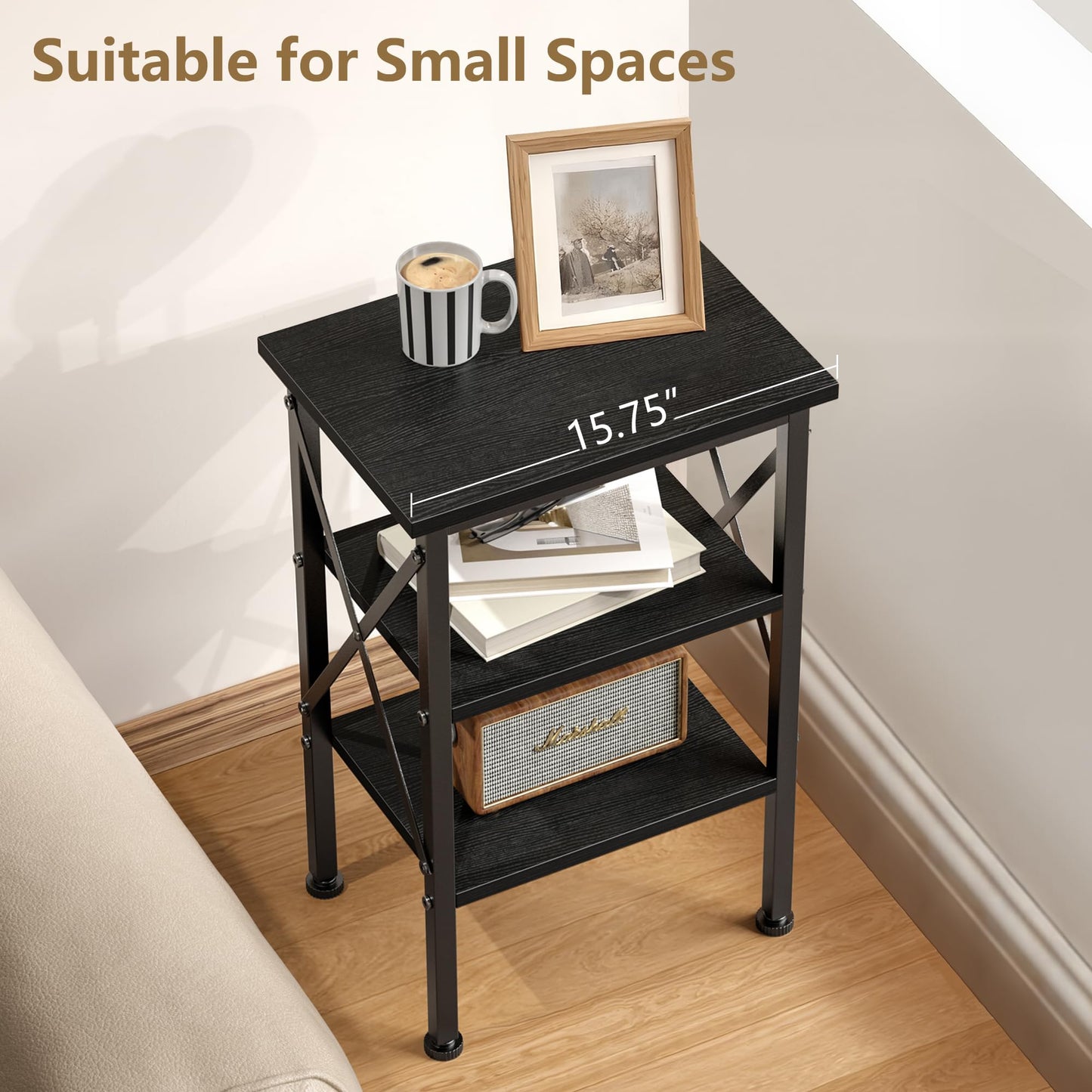 VECELO End Table Set of 2, Bedside Table, 24" Tall Living Room End Tables, X-Design Reinforced Nightstands, Side Table with 3-Tier Storage Shelves for Small Spaces, Office, Bedroom, Classic Black