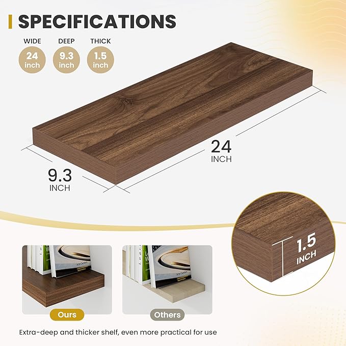 Acovy 24 Inch Floating Shelves, 9.3" Deep Floating Shelf Wall Mounted, Rustic