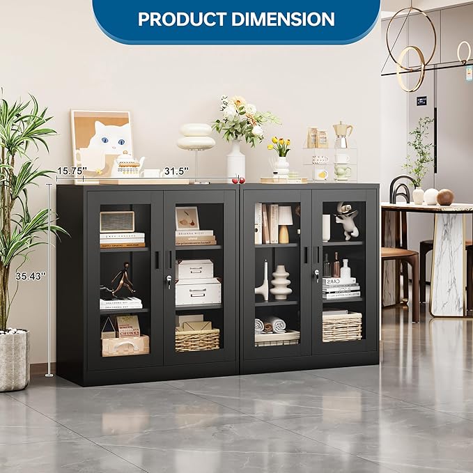 PEUKC Display Cabinet with Acrylic Doors, 35.4 Inches Metal Curio Storage