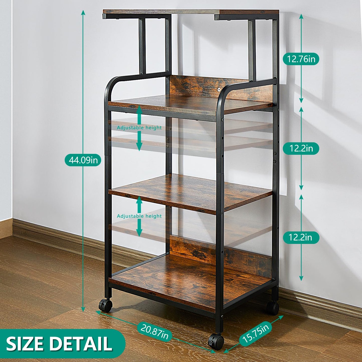 jarrvz 4-Tier Printer Stand with Adjustable Shelves and Wheels, Tall Printer Table with Storage for Home Office, Rolling Printer Cart for Small Spaces, Rustic Brown