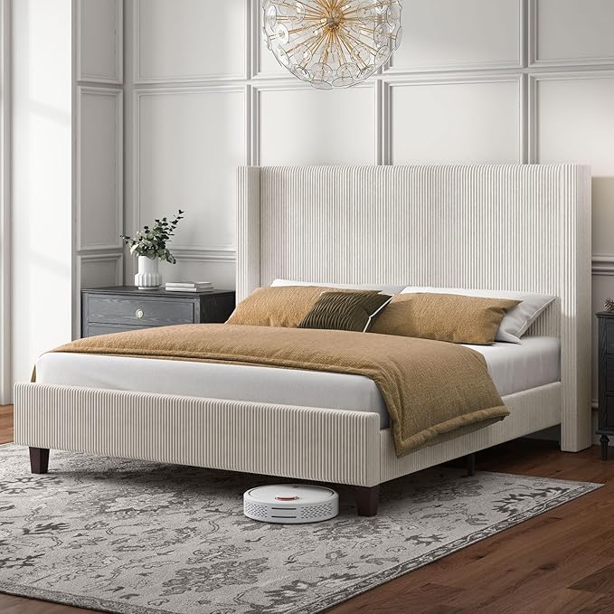 HOWE Queen Size Bed Frame with 50.8" Tall Wingback Headboard, Modern Corduroy