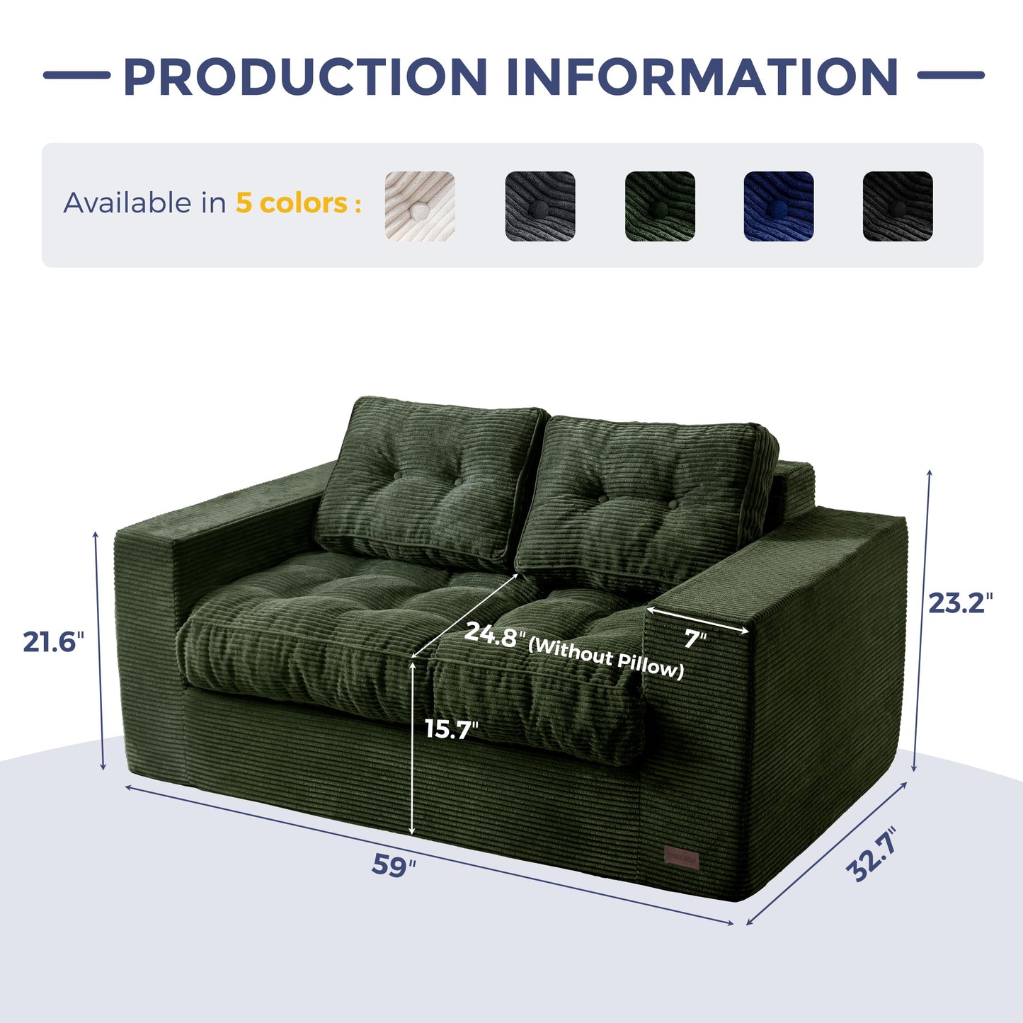MAXYOYO Loveseat Sofa Couch, Upholstered Bean Bag Chair Cloud 2-Seat for Adults, Boneless Couch with Tufted Cushion & Pillows, Sofa in A Box, No Assembly Required, Dark Green