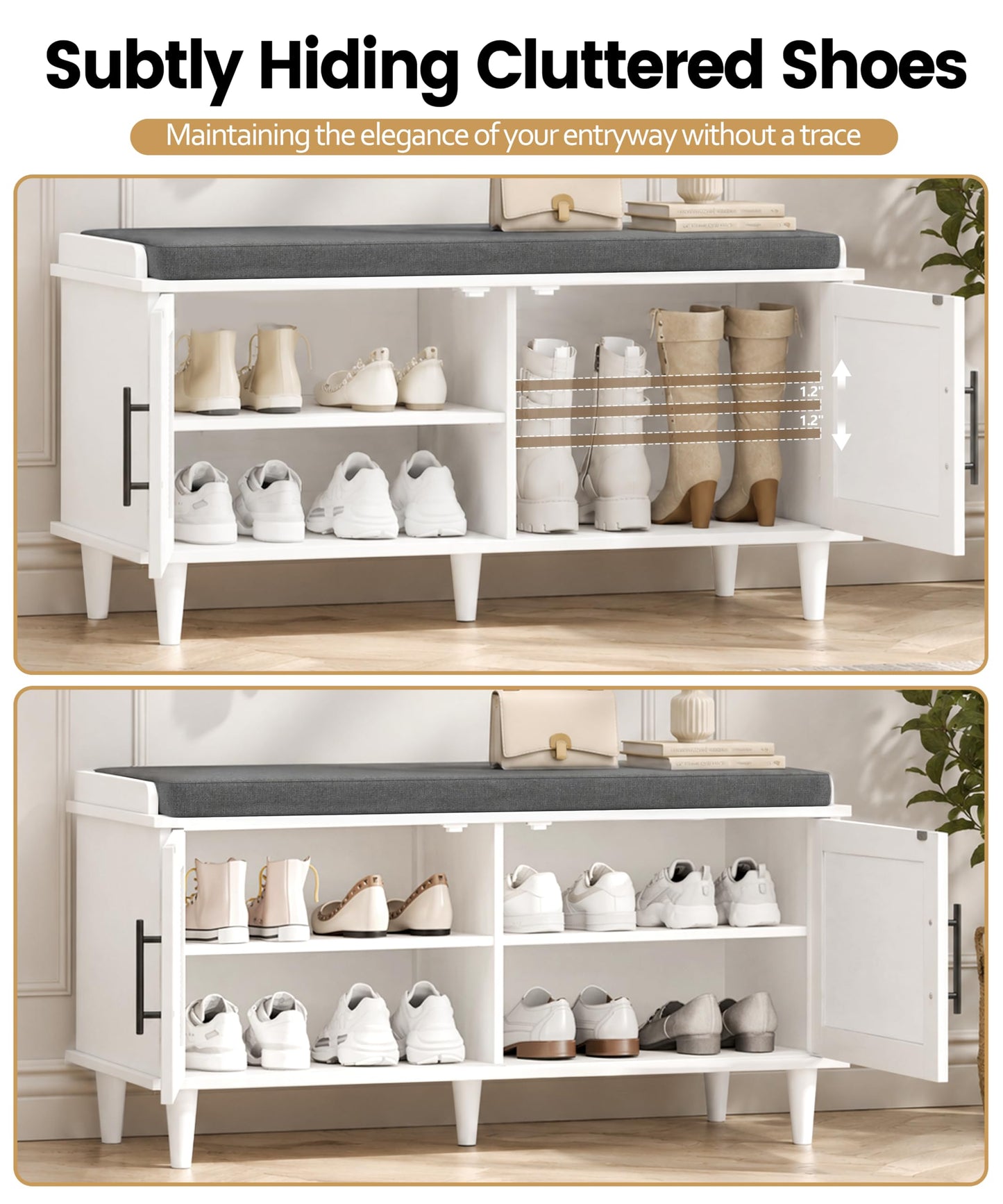 Akxomel Rattan Shoe Storage Bench with Cushion, 2-Tier Entryway Bench with Adjustable Shelves and 2 Doors, 15" D x 39.4" W x 20" H, Solid Wood Legs, for Hallway, Living Room, Bedroom, White