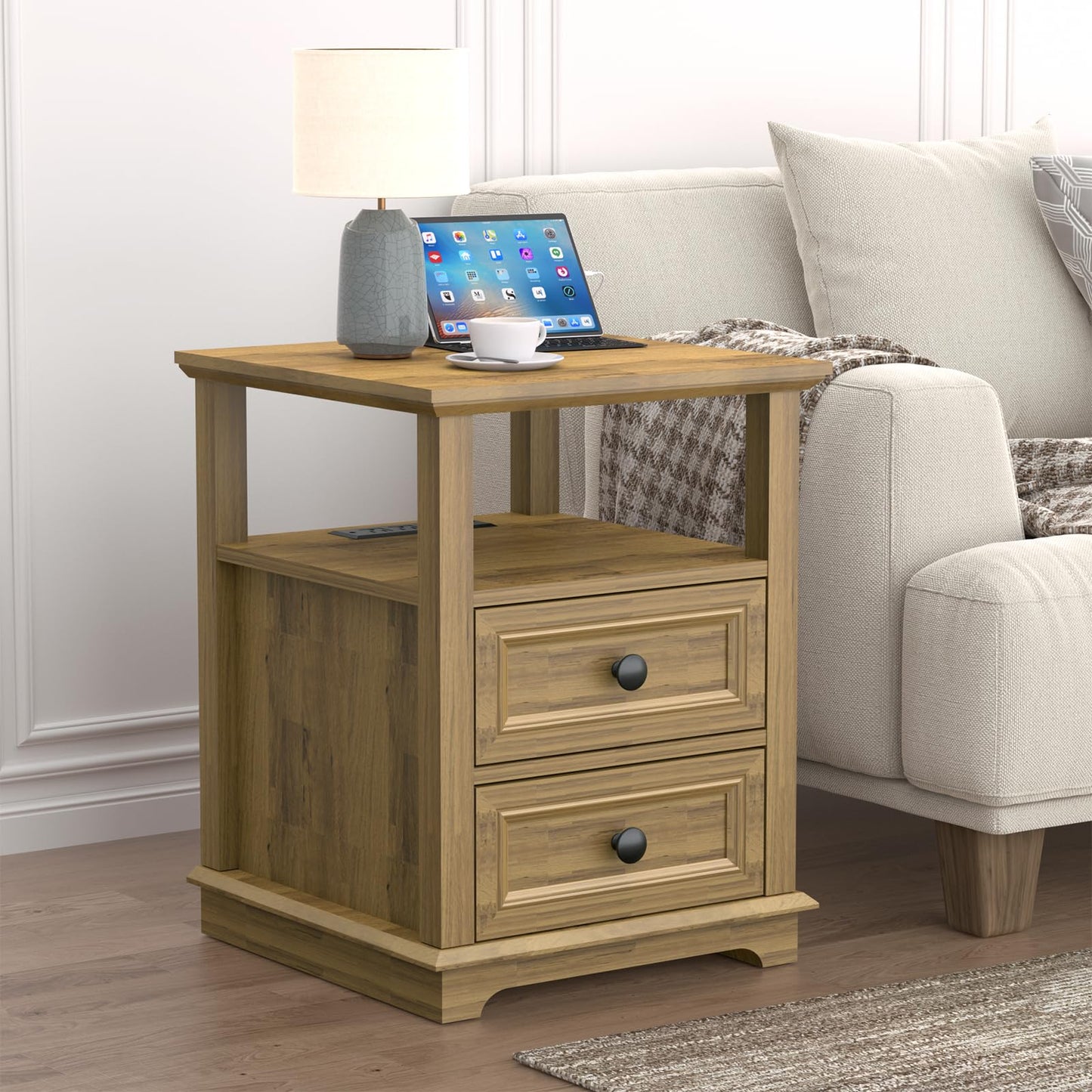 REDAYFUR End Table with Fast USB C Charging Station, Sofa Side Table with 2 Drawers, Large Storage Rustic Wood Square Storage Cabinet for Living Room,Bedroom,Office, Light Brown