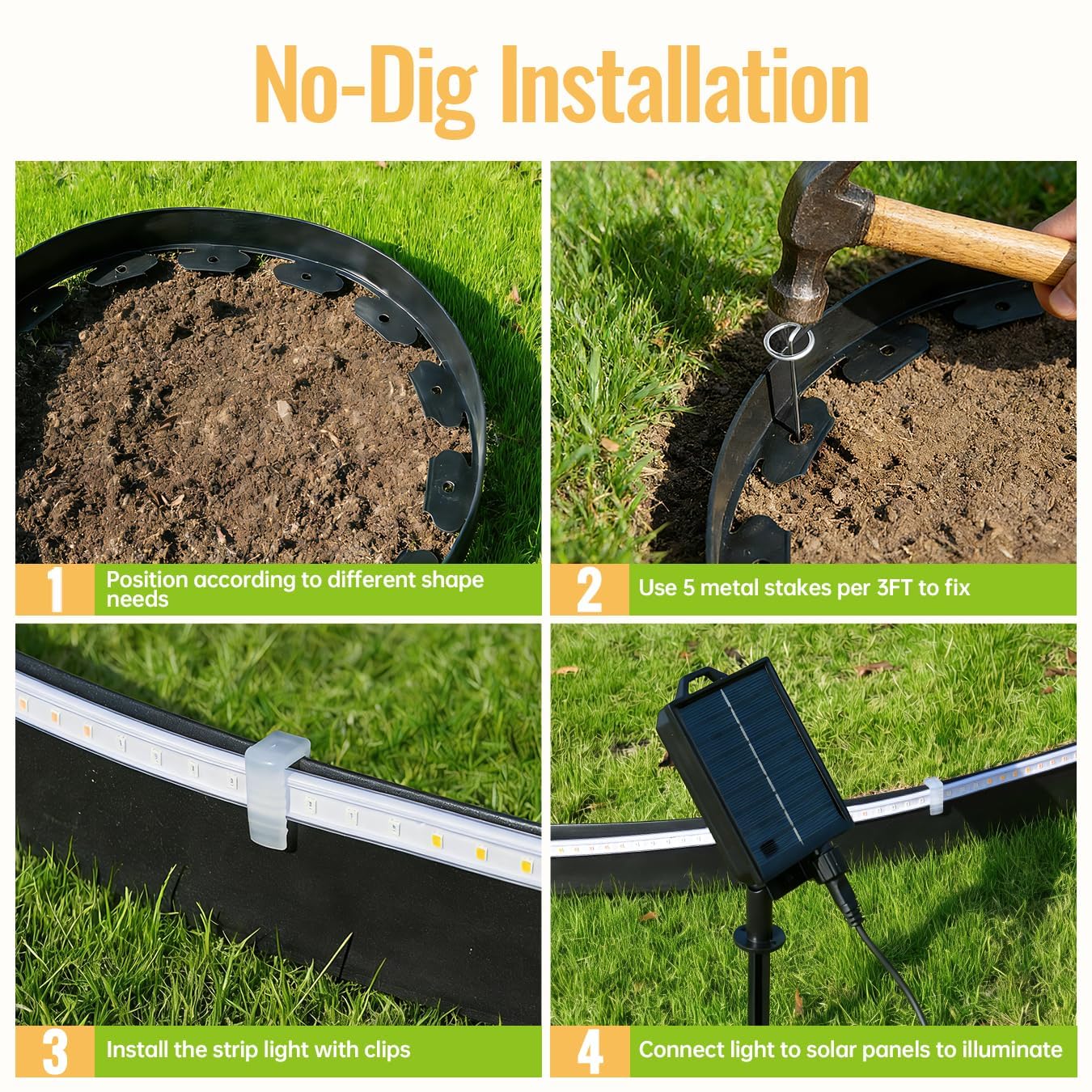 SpeePlant Landscape Edging with Solar String Lights, 10FT, 2in Depth, Metal Stakes & Light Remote, No-Dig Garden Edging with Timer & 19 Light Modes Landscape Border for Curved Straight Beds, Black