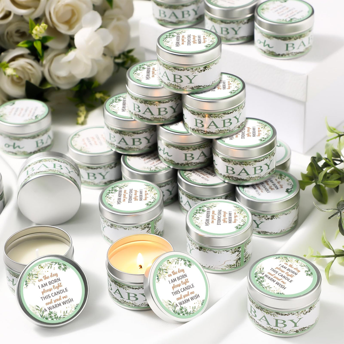 MTLEE 24 Pcs Eucalyptus Baby Shower Party Favors Candles Lavender Scented Baby Shower Favors for Guests Rustic Tealights Candles Gender Reveal Return Gifts (1.2 Oz, Sage Green)