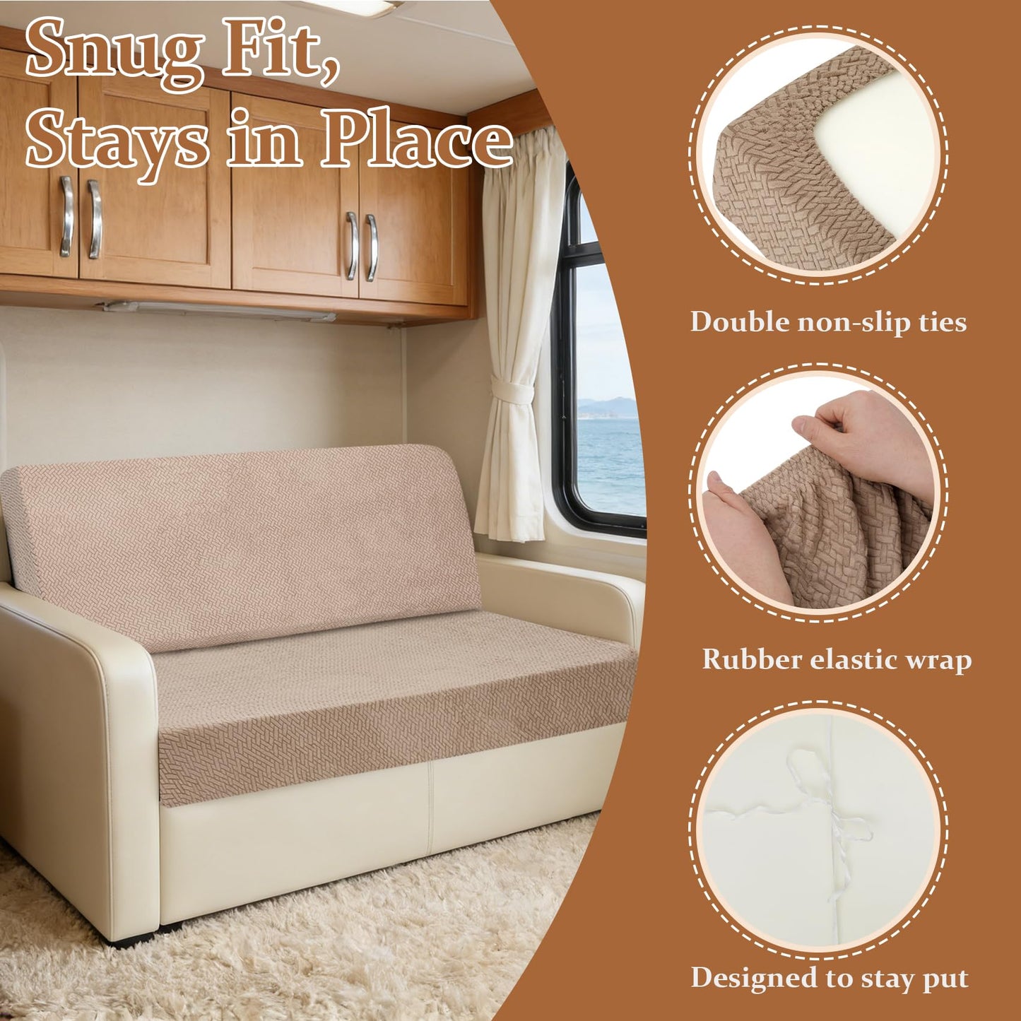 Deerdtride RV Couch Covers for Sofa Bed - 2-Piece Stretchable Jackknife Sleeper Sofa Cover, RV Furniture Slipcover,Khaki