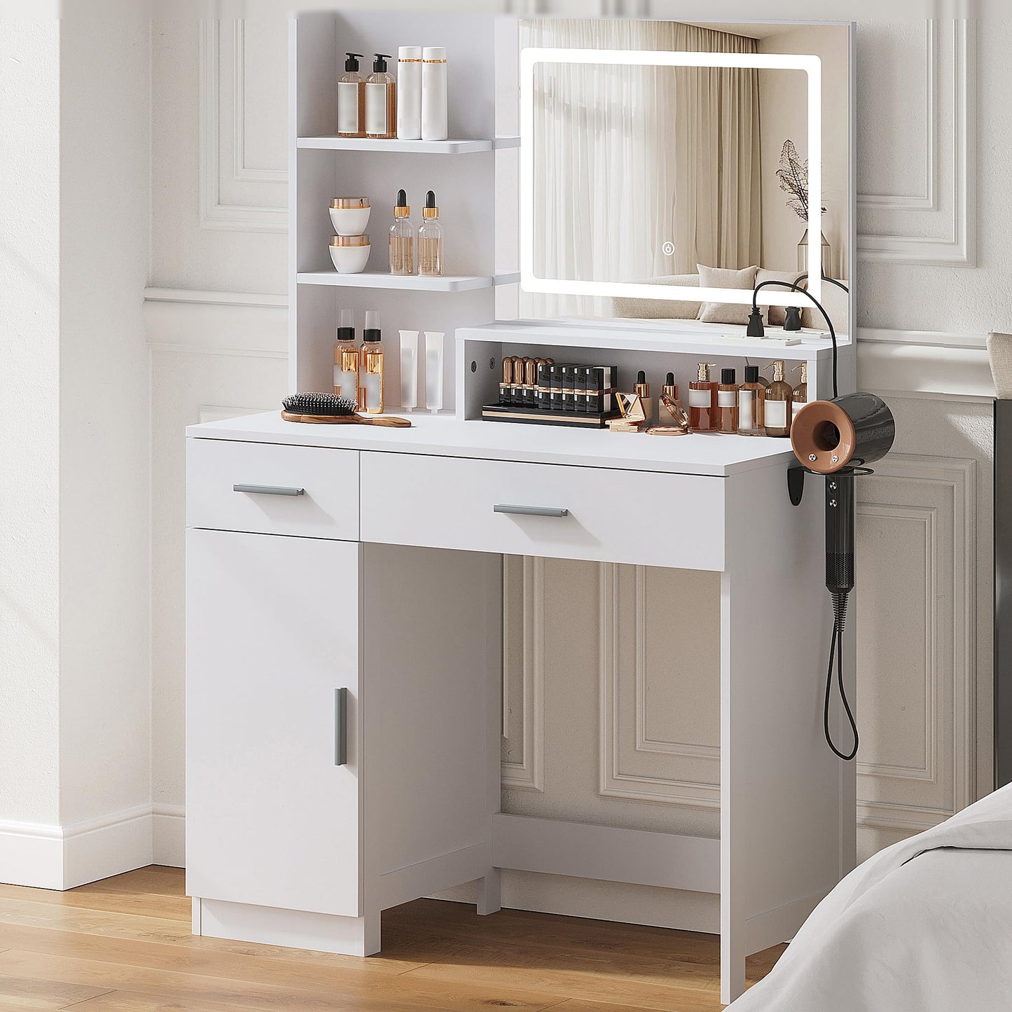 ProsperHaven Vanity Desk with LED Mirror and Lights, Makeup Vanity Table with Power Outlet, Drawers, Cabinet, Dressing Table with Open Storage Shelves for Bedroom, Dressing Room, White