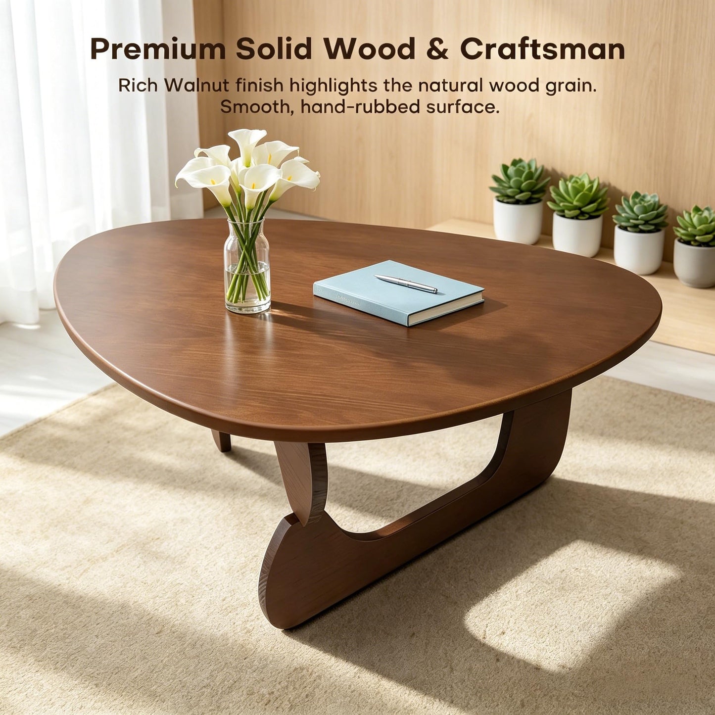 Solid Wood Coffee Table, Mid-Century Modern Triangle Center Table for Living Room, Triangular Wood Tea Table, Fingerprint-Free & Shatterproof, Walnut, 43.3" L x 30.7" W x 16.5" H