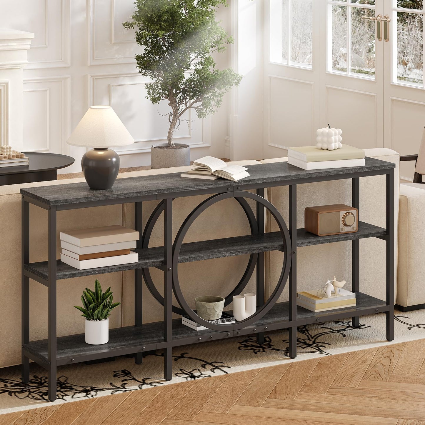Tarnorci 66.9'' Console Table, 3-Tier TV Stand with Storage, Home Sofa Living Room Table Behind the Couch for Entryway (Grey Oak+Black)