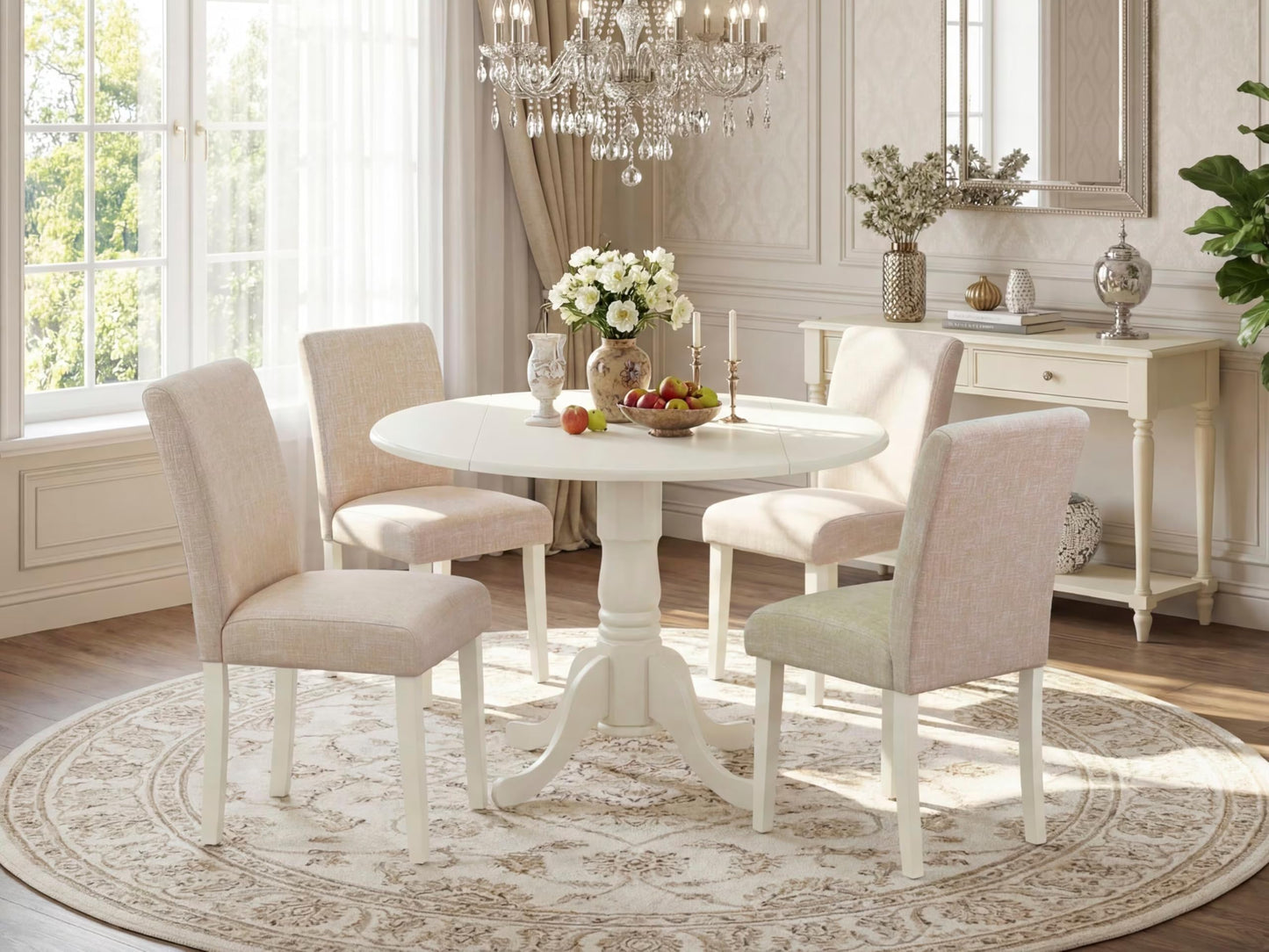 East West Furniture DLAB5-LWH-02 5 Piece Dining Room Table Set Includes a Round Kitchen Table with Dropleaf and 4 Light Beige Linen Fabric Parson Dining Chairs, 42x42 Inch, Linen White