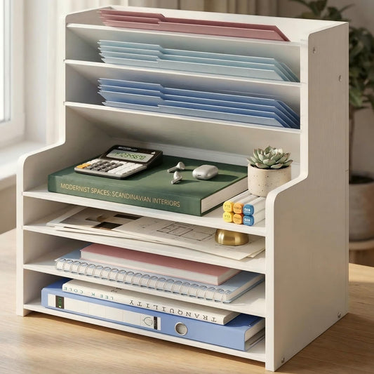 7 Tier White Desk Organizer for Office Organization, Wood Paper Organizer for Desk, Vertical Desktop File Folder Holder & Letter Tray, Aesthetic School Storage Orgnizer Shlef