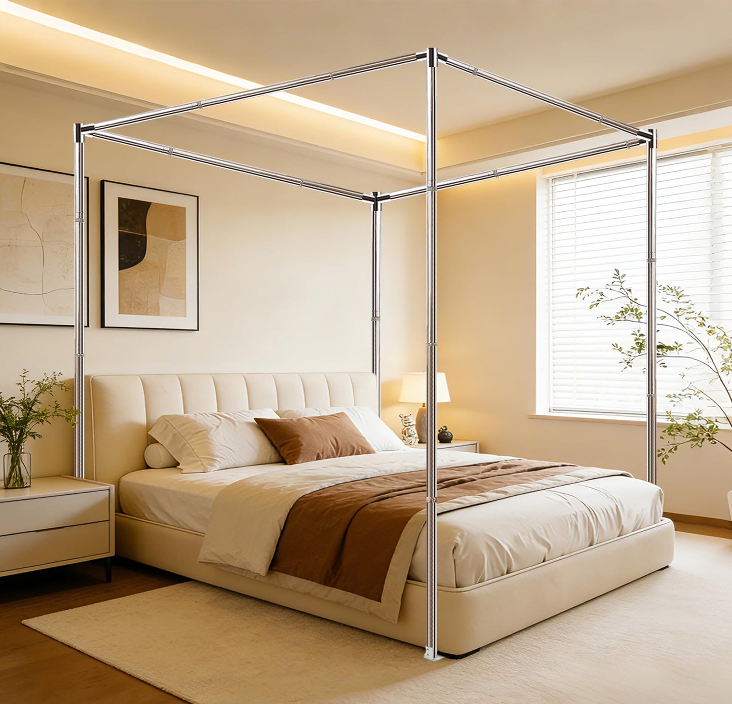 KEVIDA Queen Size Canopy Bed Frame, Stainless Steel Bed Post Poles with Aluminum Connectors Thicken Canopy for Wood or Metal Beds Bedroom Decor