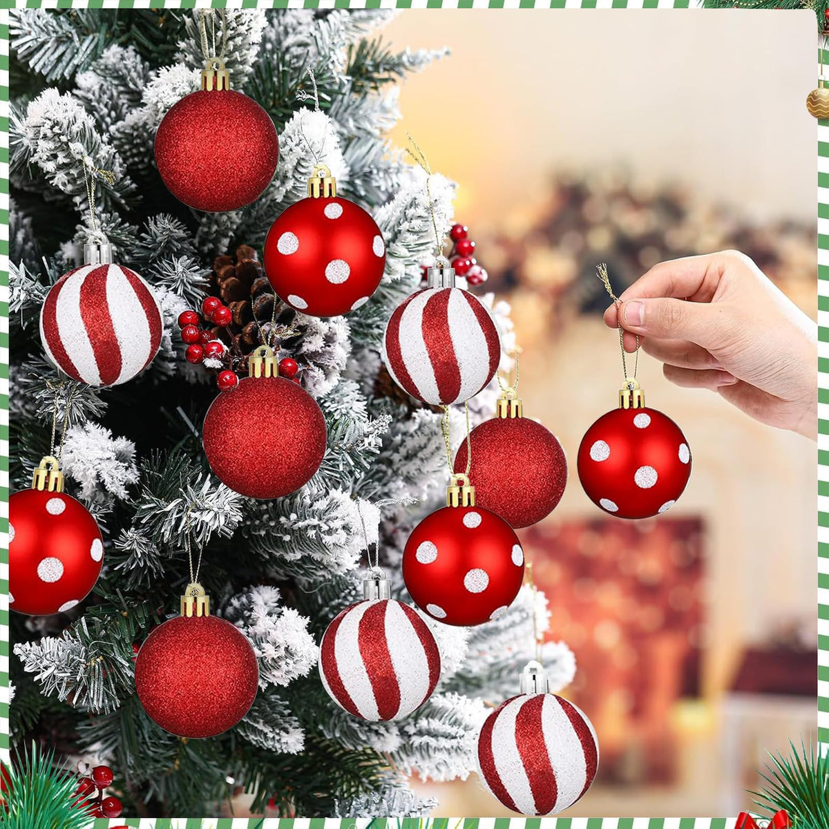 24Pcs Christmas Balls Ornaments Red White Polka Dots Stripes Decor 2.36Inch