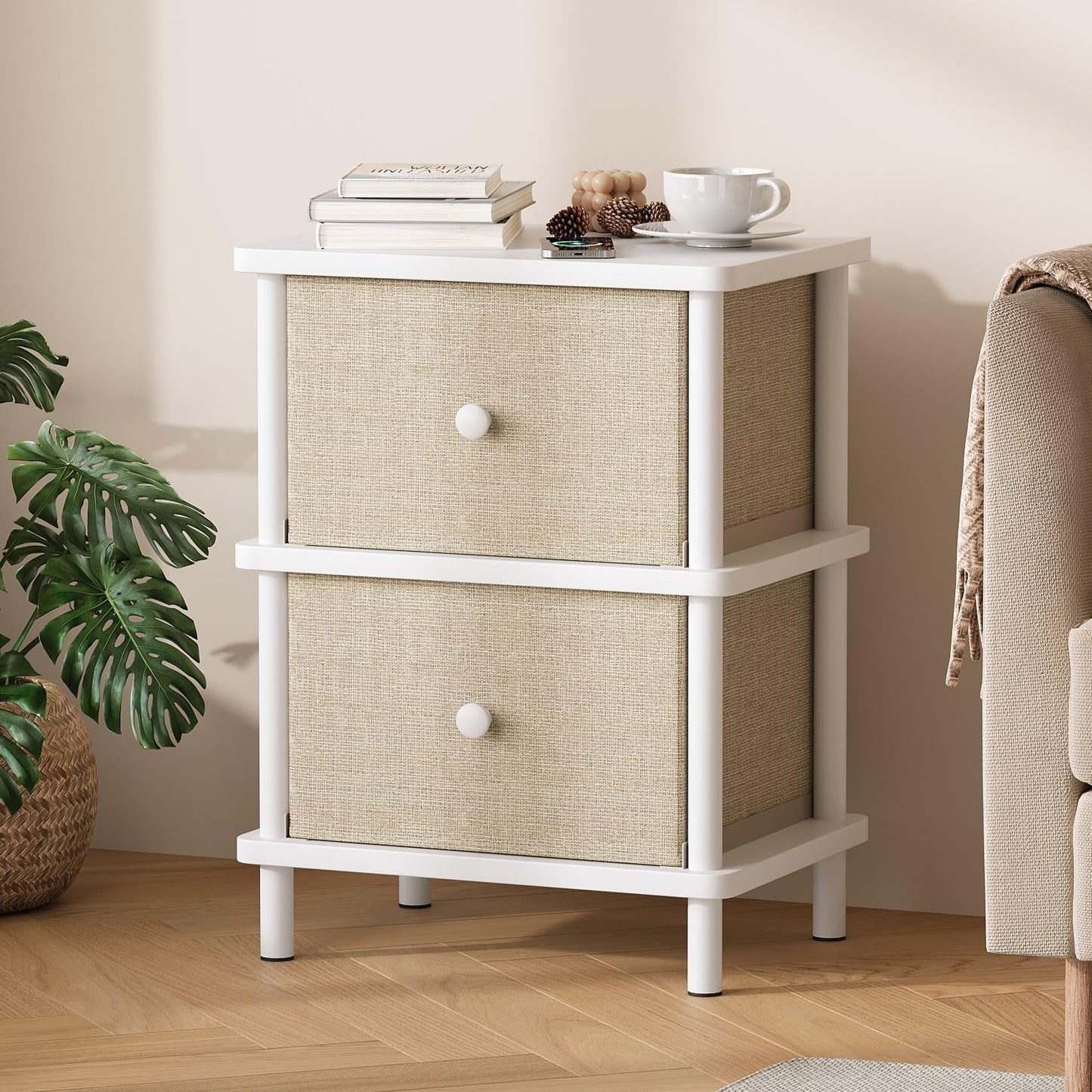 Apicizon Nightstand with 2 Storage Drawers, Boho Side Table with Solid Wood Legs, End Table for Small Spaces, Bedroom, Living Room, Entryway, White