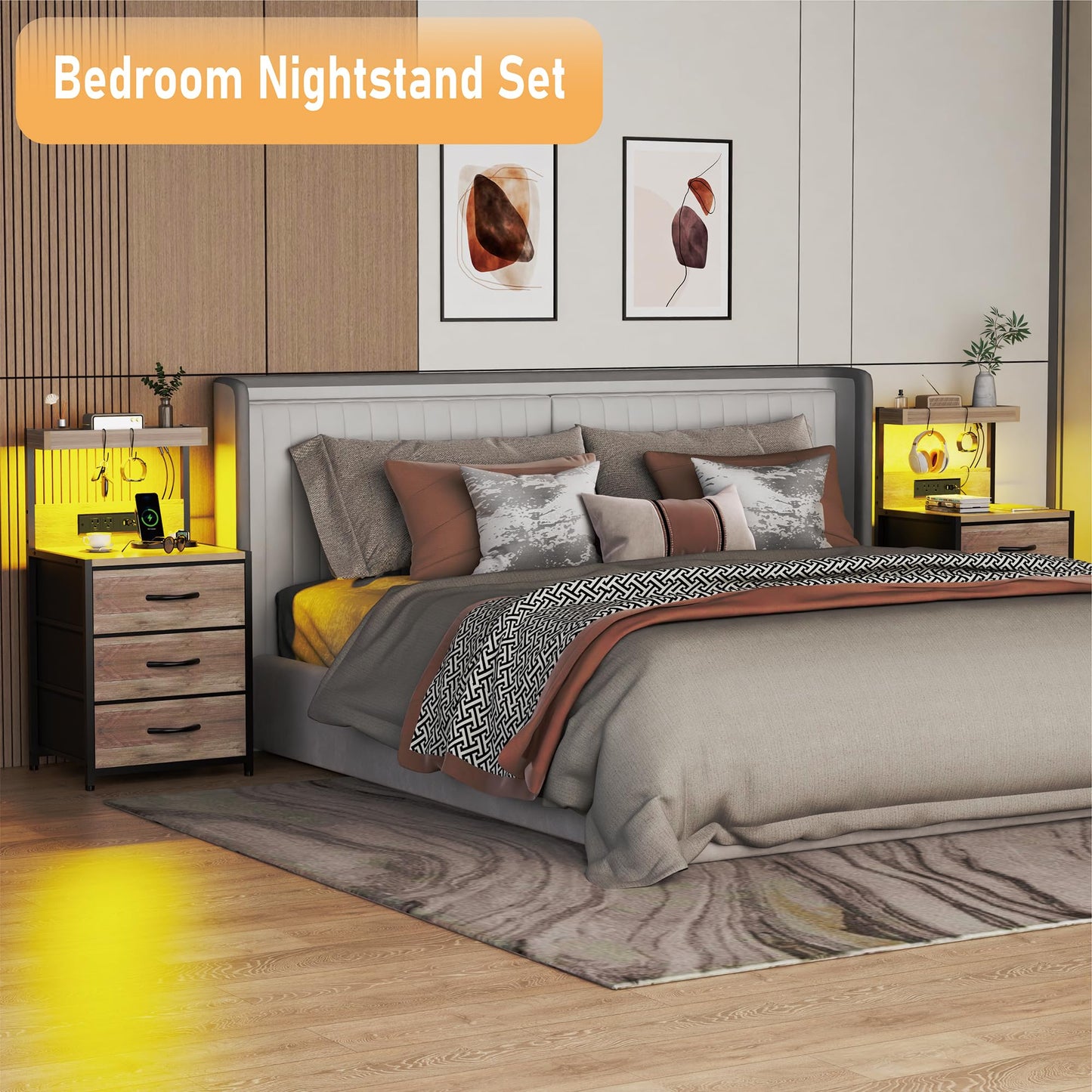 SZLHANJZ Night Stand Set 2 with LED Lights for Bedroom, Bedside Nightstands with Power Outlet and Type C Port, Matching Tables with 3 Fabric Drawers, Hooks, and Shelves, Greige