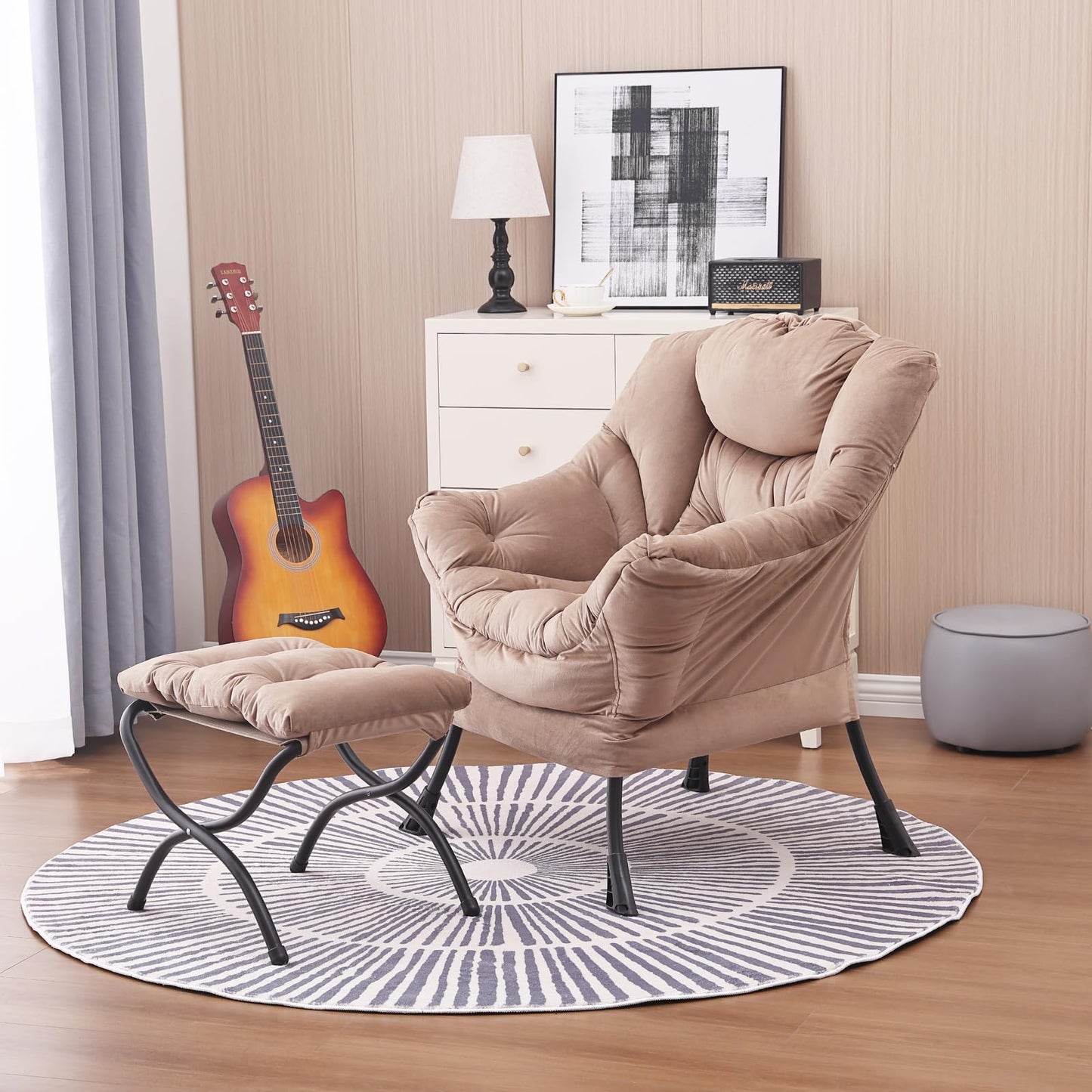Givjoy Lazy Chair and Ottoman, Large Velvet Brown Accent Chair with a Side Pocket, Modern Leisure Upholstered Sofa Reading Armchair with Footrest for Office, Bedroom, Living Room, Dorm Rooms, Balcony