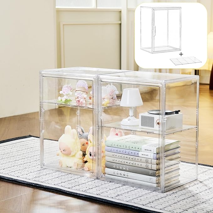 Acrylic Display Case with Removable Shelf, 2 Tier Clear Plastic Stackable