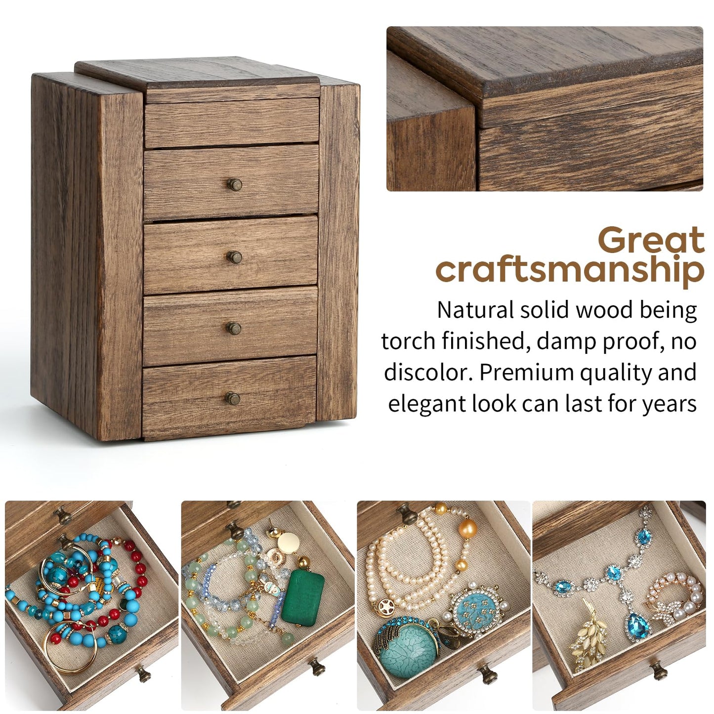 Meangood Jewelry Box Wood for Wowen, 5-Layer Large Organizer Box with Mirror & 4 Drawers for Rings, Earrings, Necklaces, Walnut