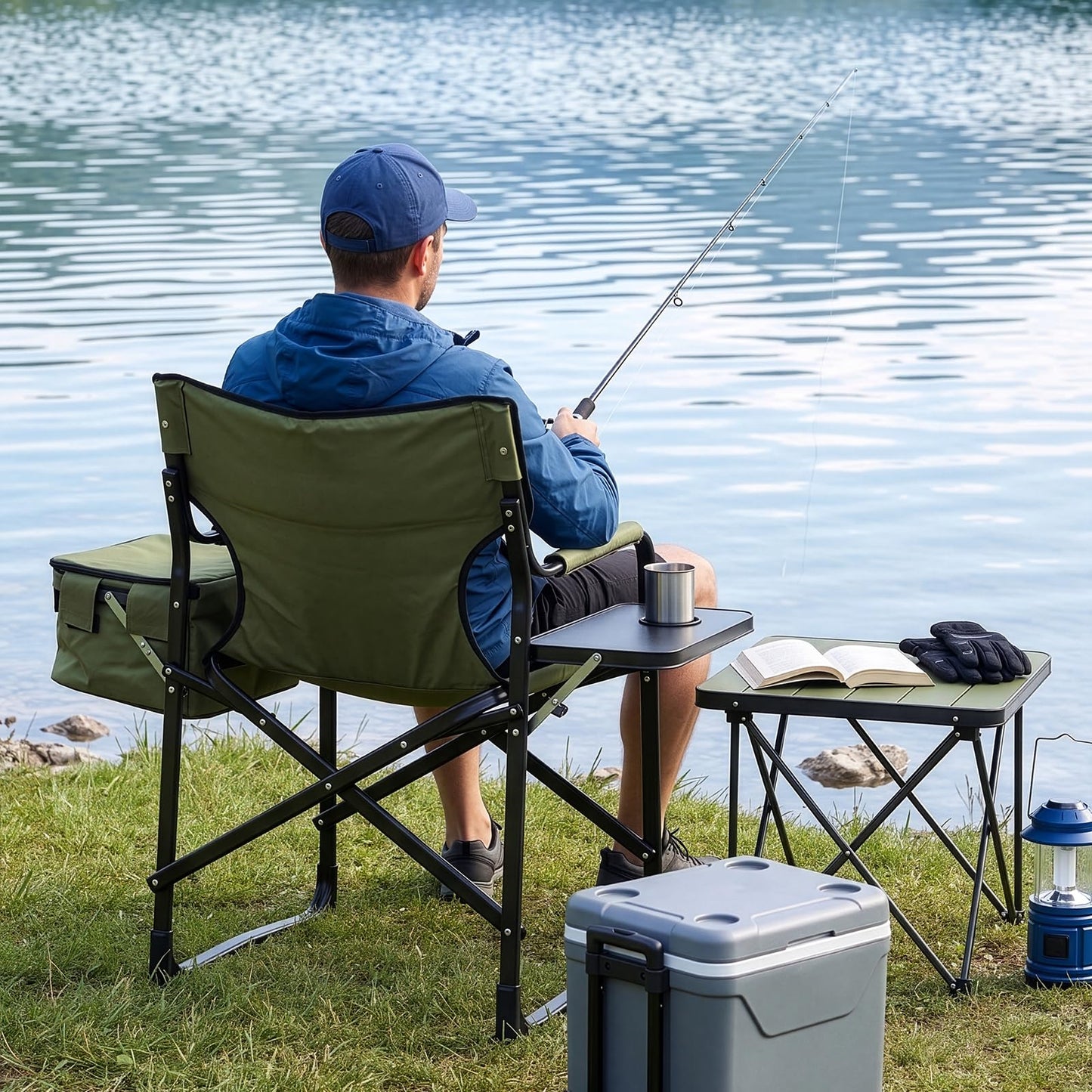 Outvita Heavy Duty Folding Camping Director Chair with Insulated Cooler Bag, Side Table & Cup Holder, 300LBS Sturdy Portable Chair for Camping Fishing Tailgating Backyard BBQ
