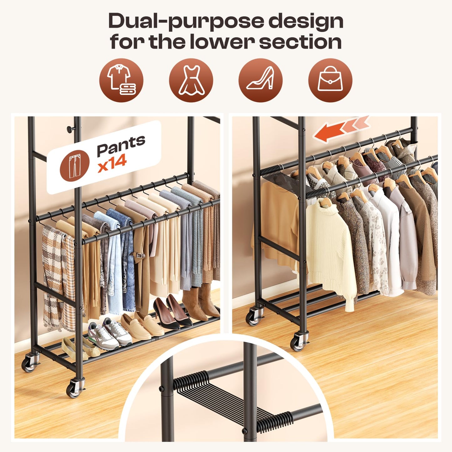 ZHKINGGS Clothes Rack - 4-Bar Double Rod Clothing Rack with 15 Pants Racks - Rolling Clothes Rack with Shelves - Portable Garment Rack for Bedroom Laundry Room Closet - Black