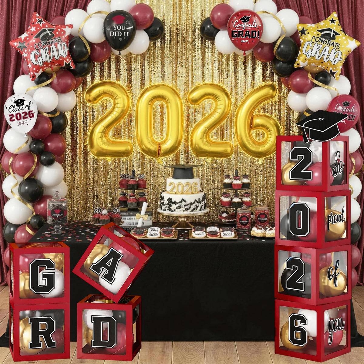 Maroon Prom Graduation Decorations Gold 2026 Number Balloons Boxes Burgundy Black Congrats Party GRAD So Pround of You Letters Star Foil Wine Red White Balloon Backdrop School College Celebrations